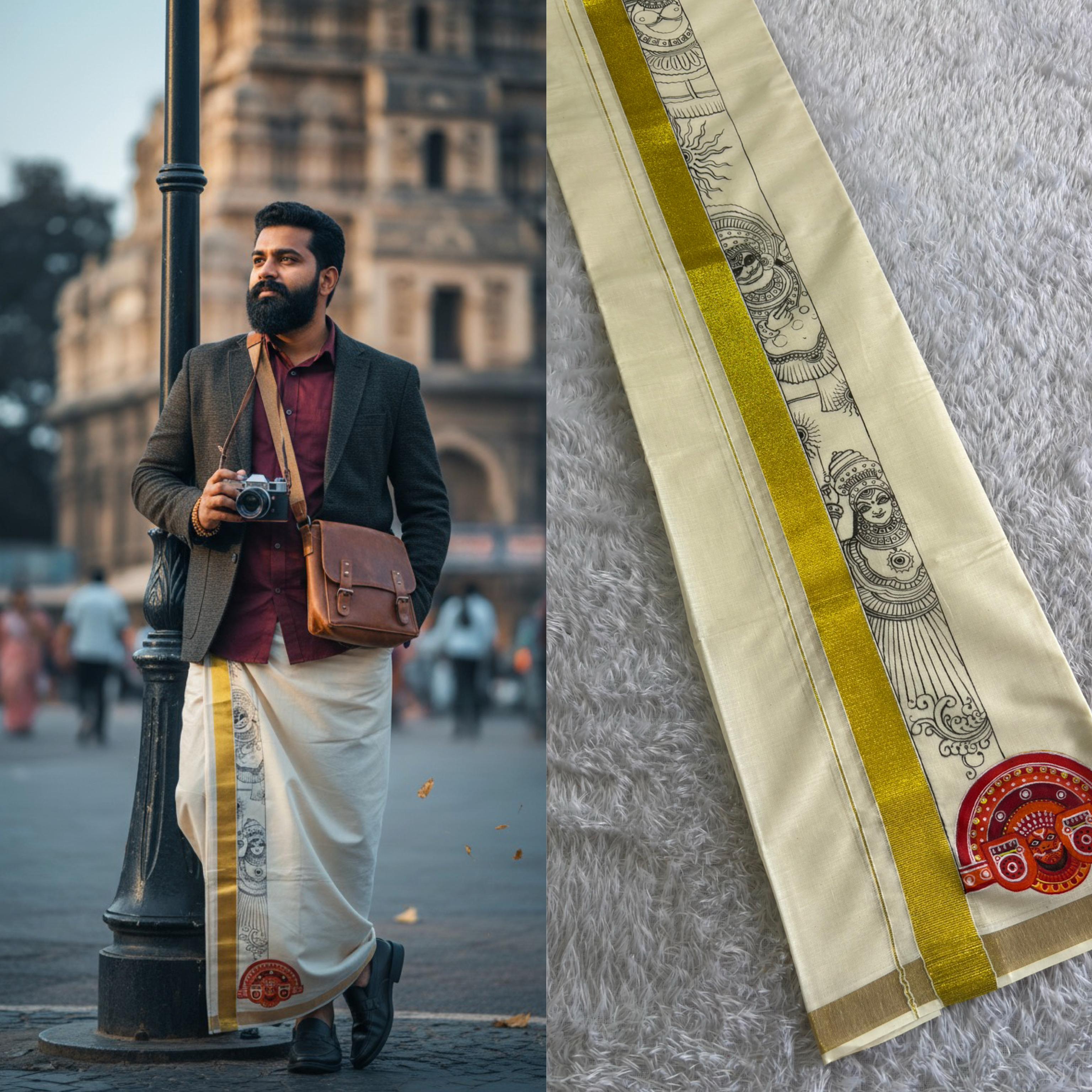 Handpainted Mens Off white Double Dhothi