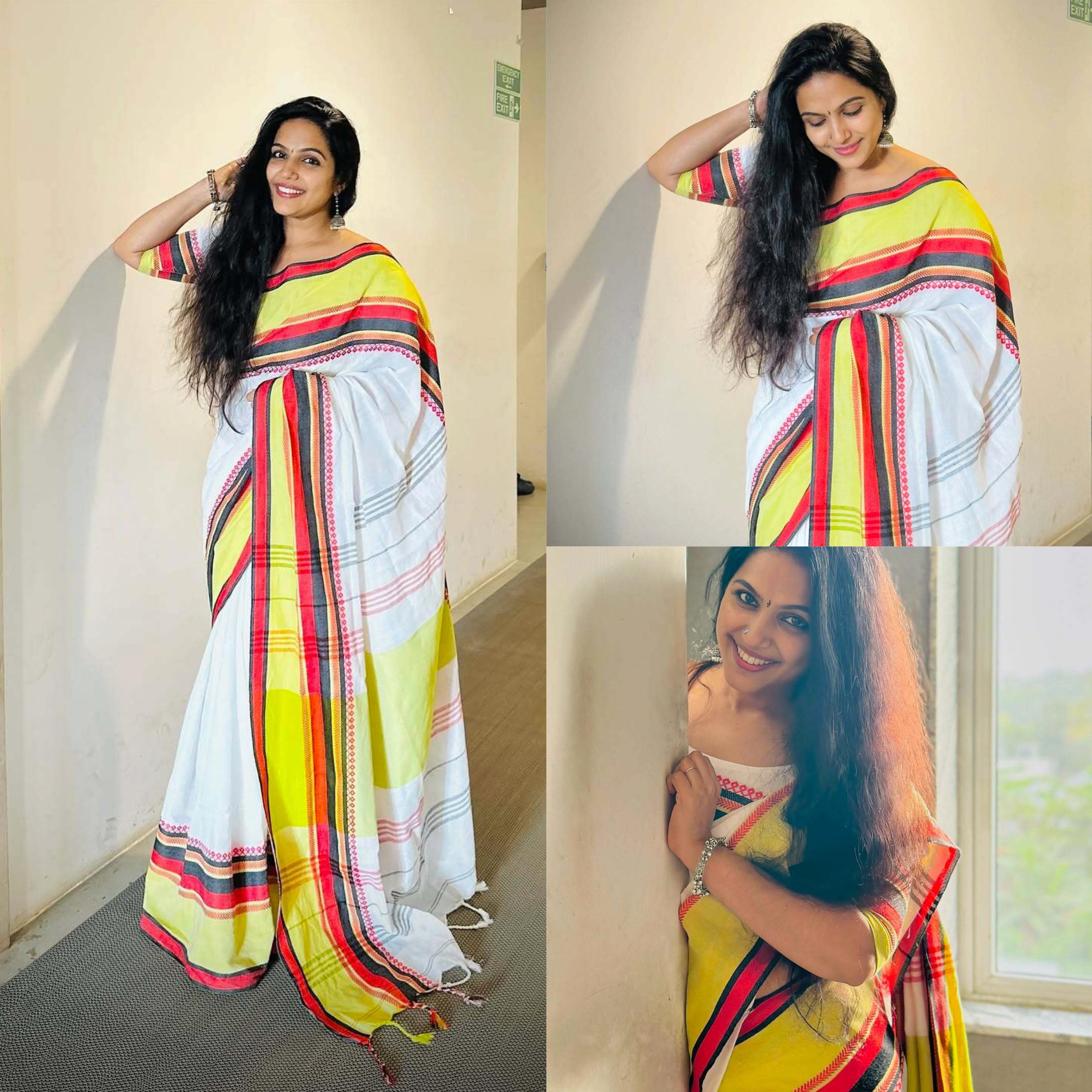 Big multi colour border temple weave cotton saree Onam collection