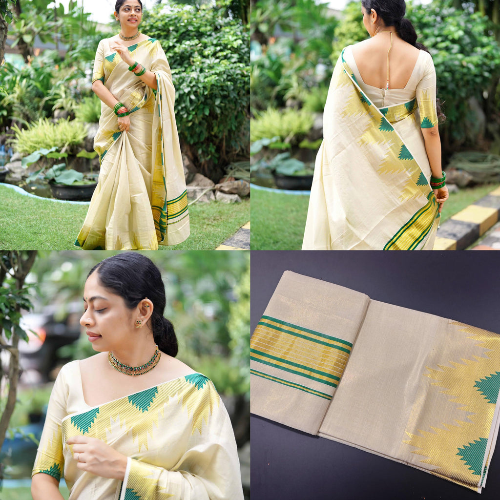 Temple golden tissue saree bottle green