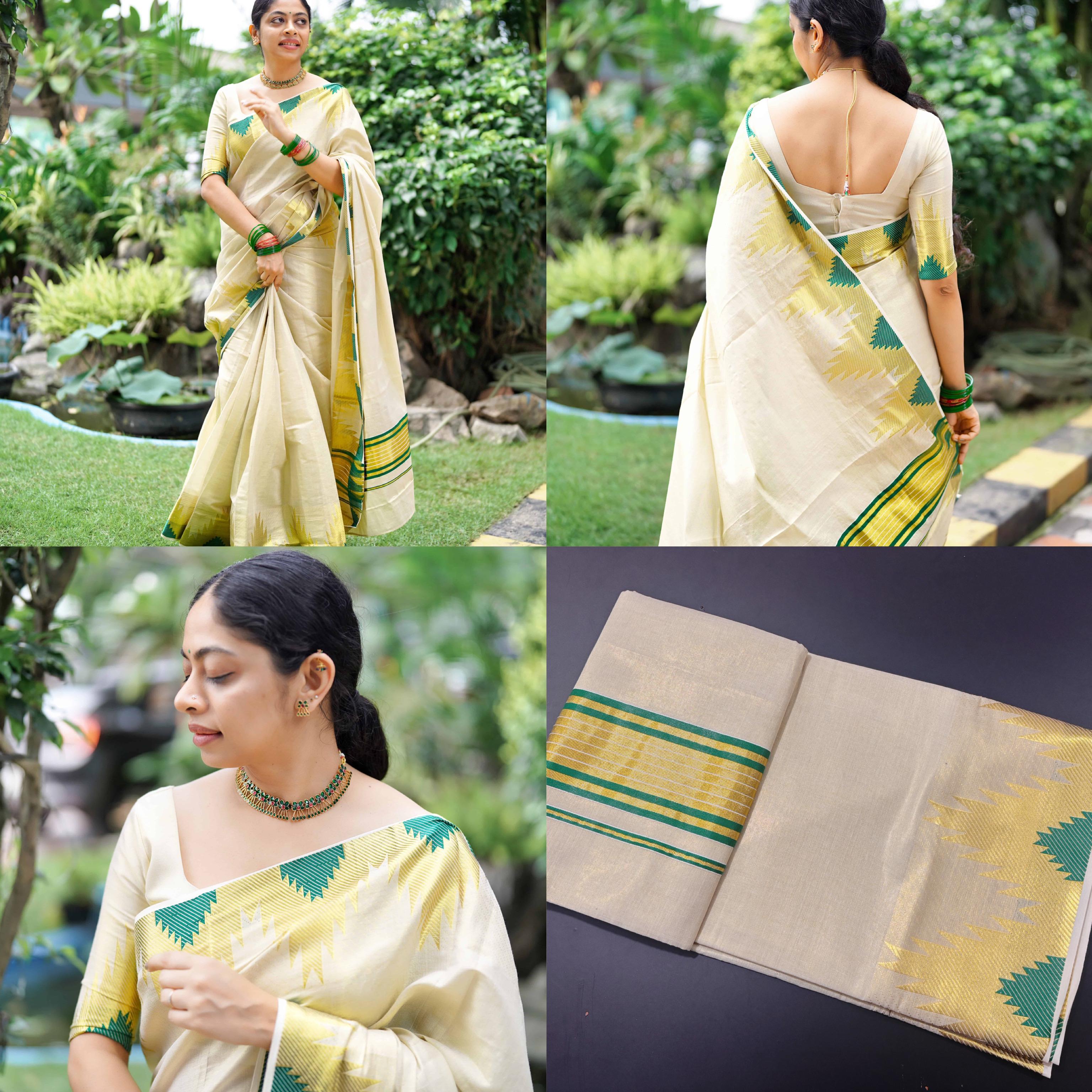 Temple golden tissue saree bottle green