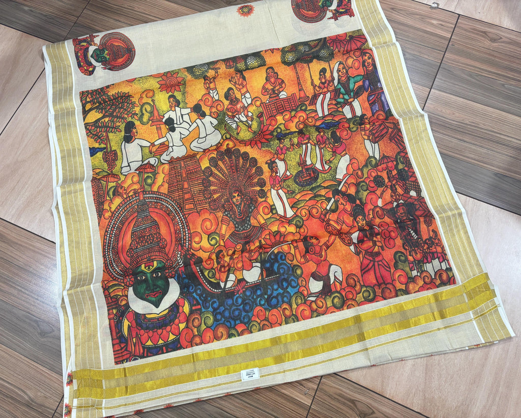 Kathakali and onam theme digital print saree with blouse designs