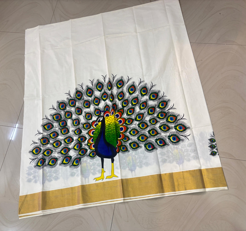 Peacock cotton printed Pattu Pavada unstitched