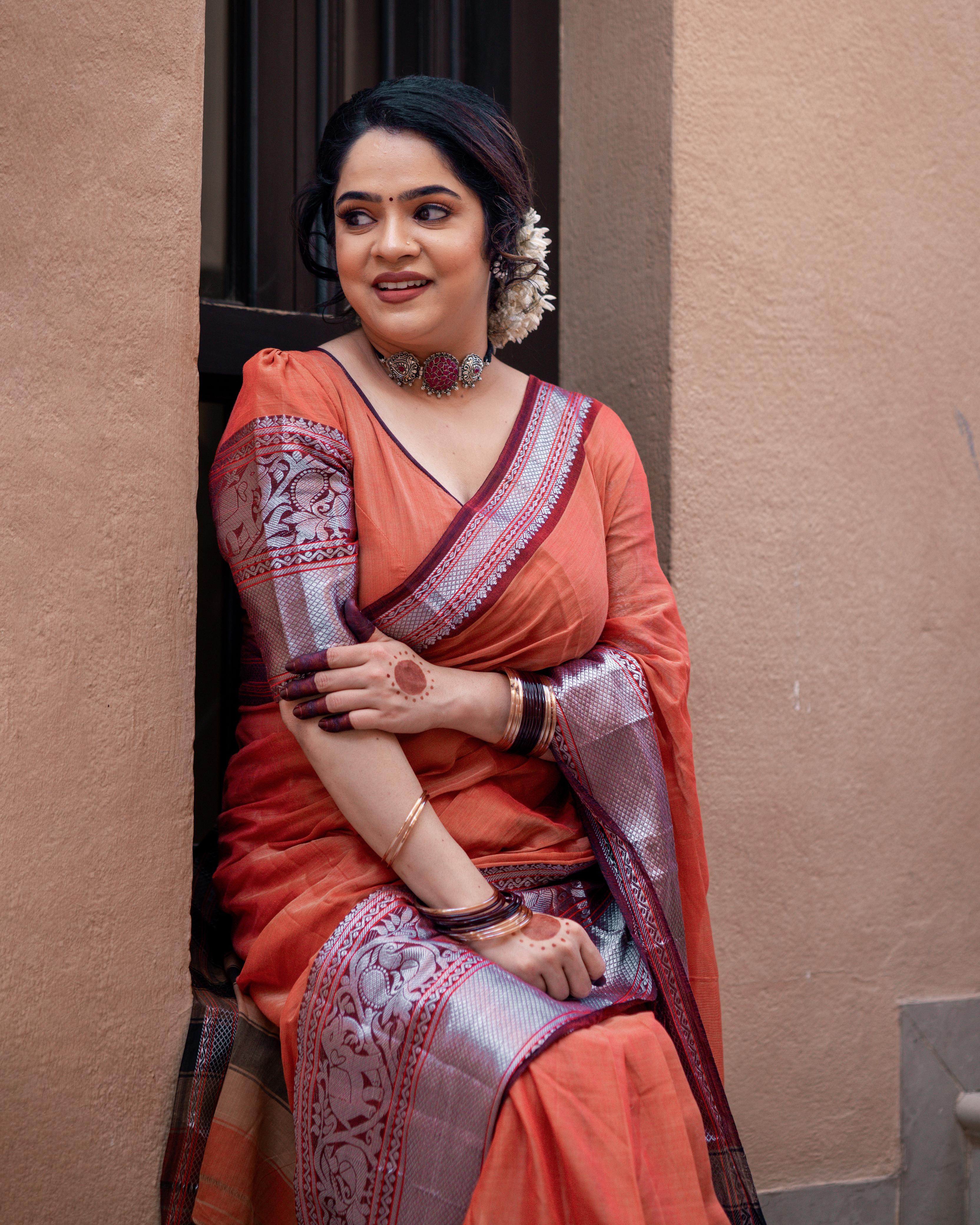 Silver big border elephant motif cotton saree