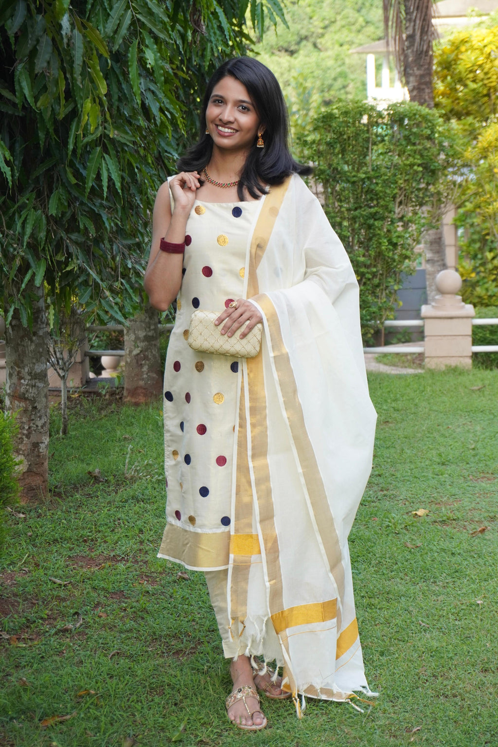 Golden tissue polka Churidaar unstitched full set