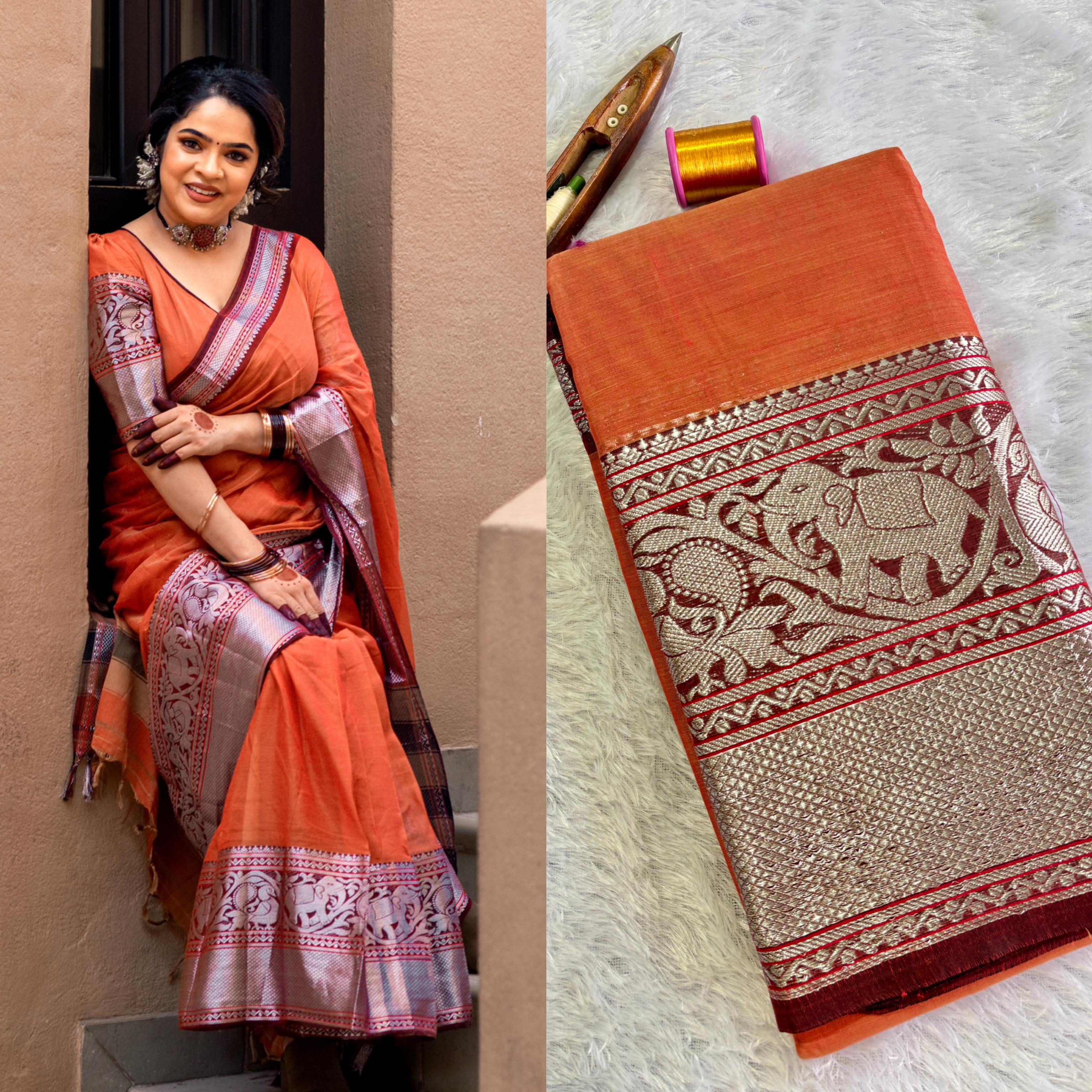 Silver big border elephant motif cotton saree