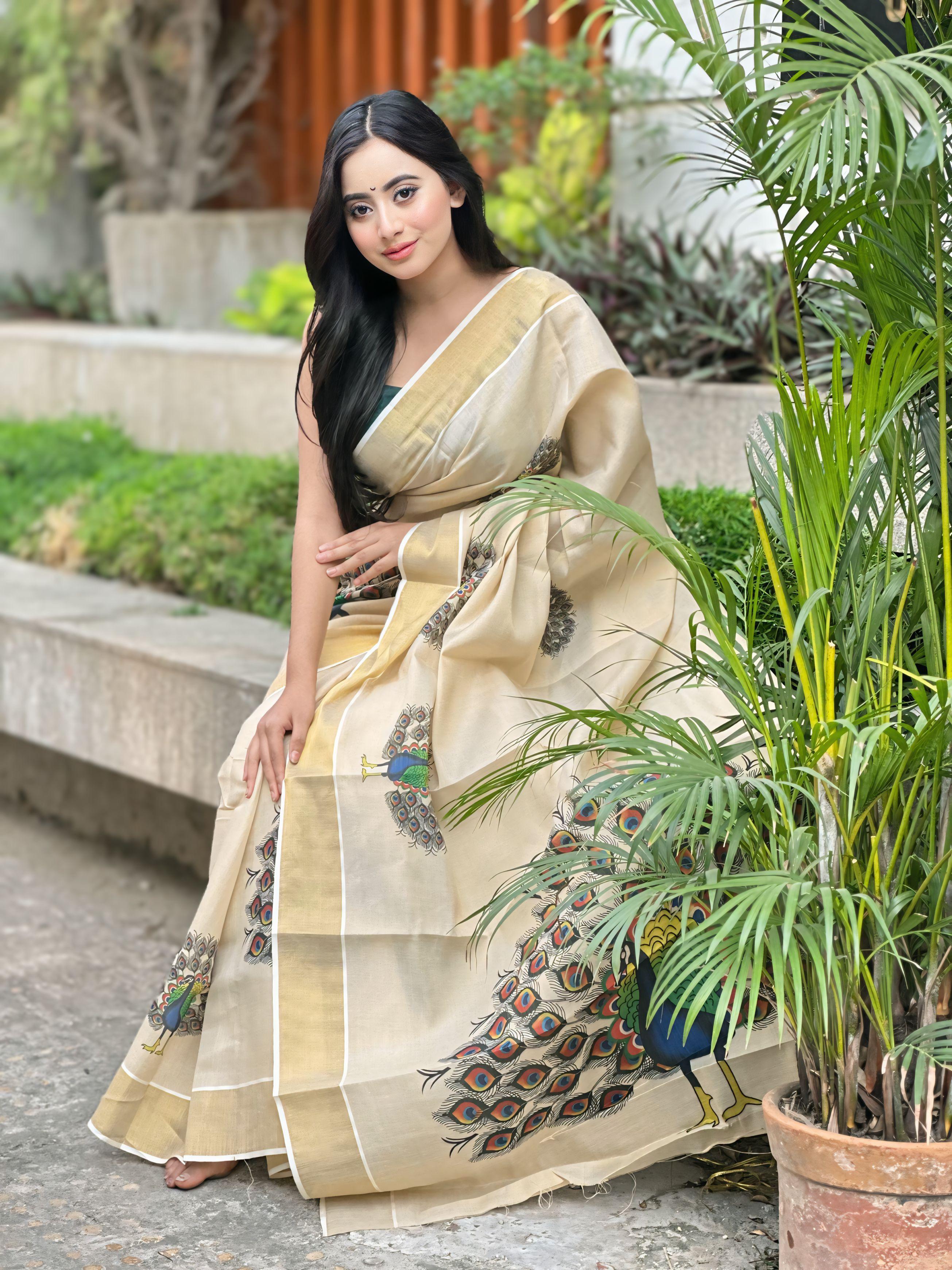 Golden tissue big peacock saree