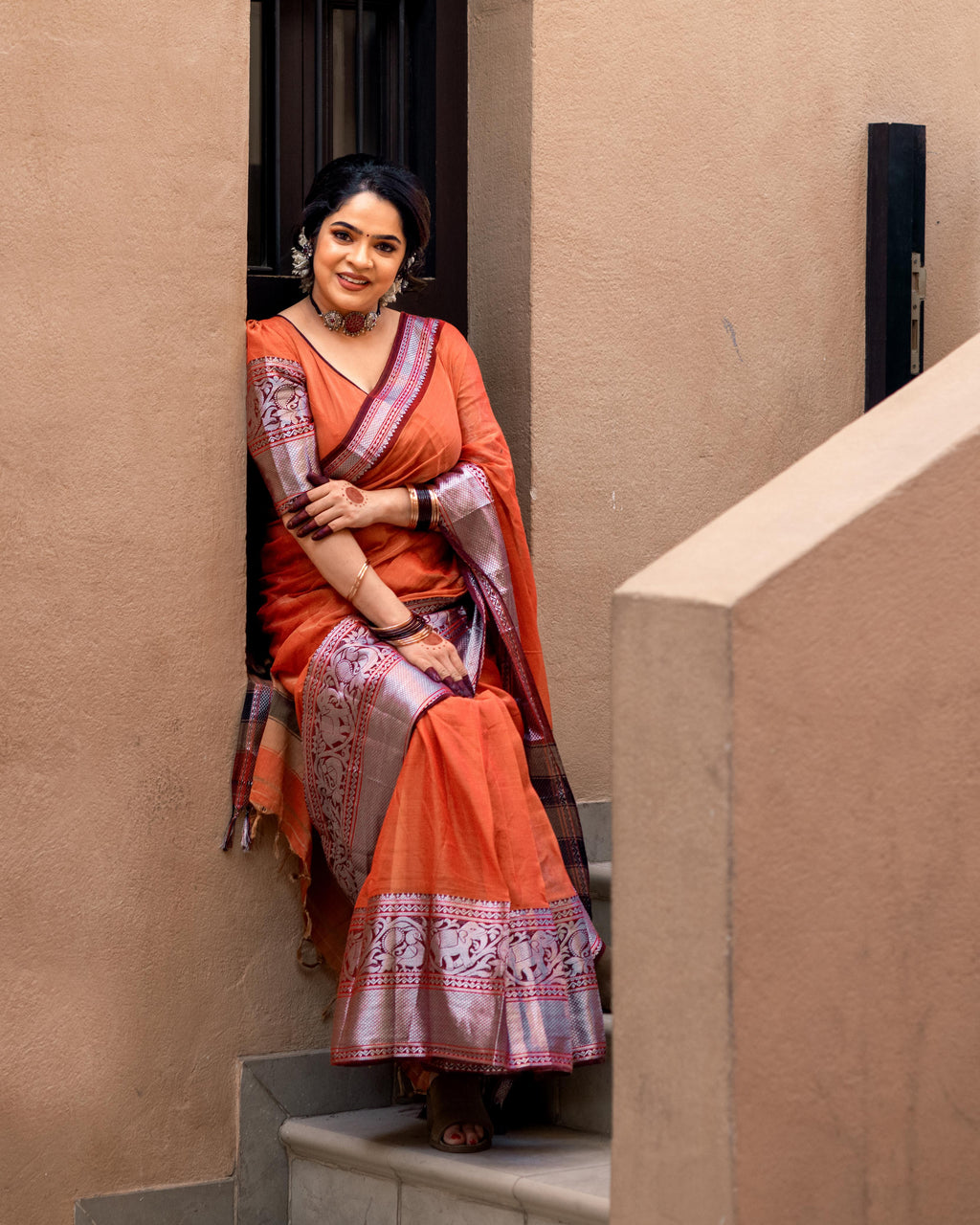 Silver big border elephant motif cotton saree