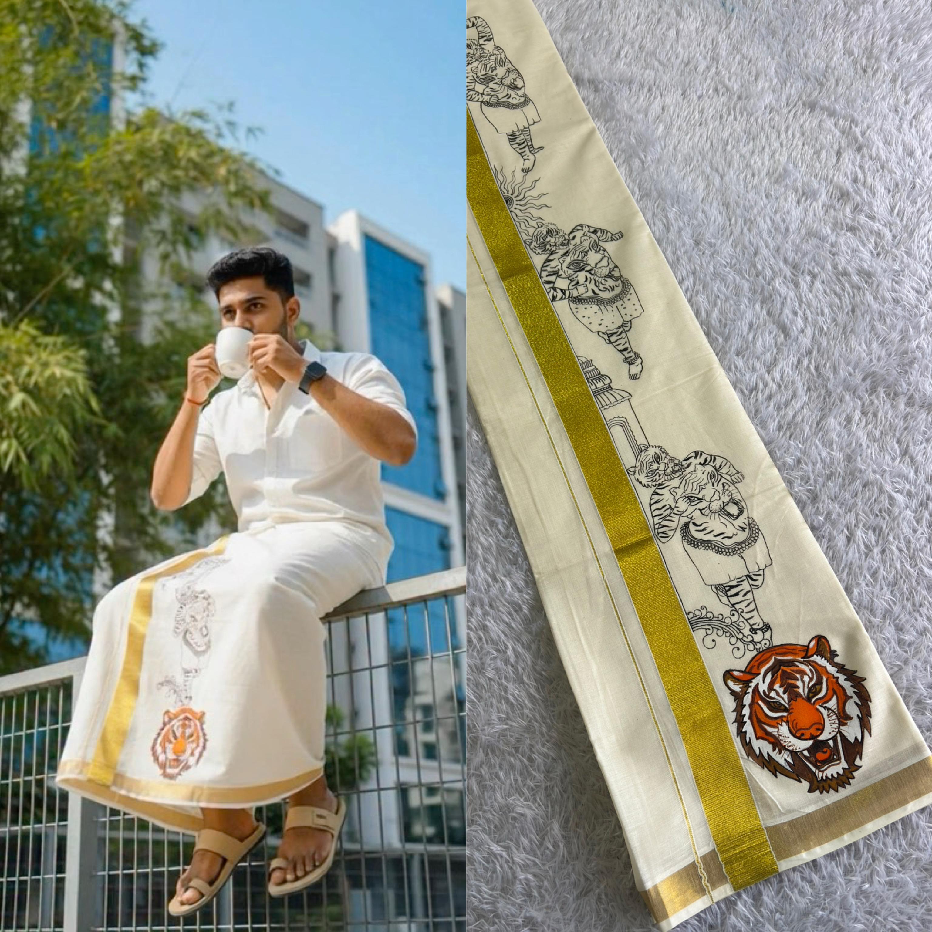 Handpainted Mens Off white Double Dhothi