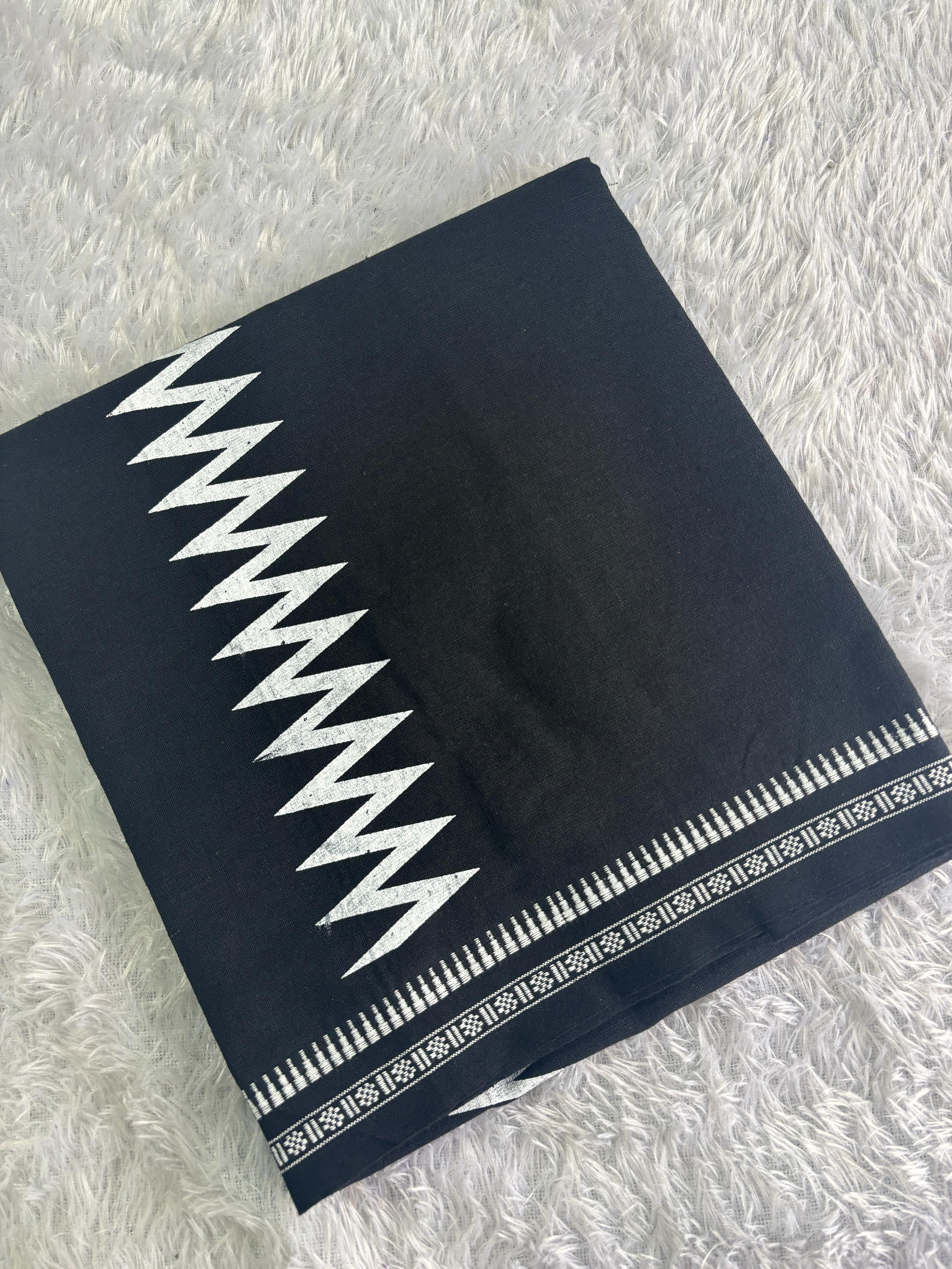 Black single dhothi with white print