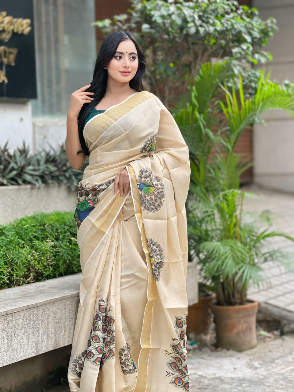 Golden tissue big peacock saree