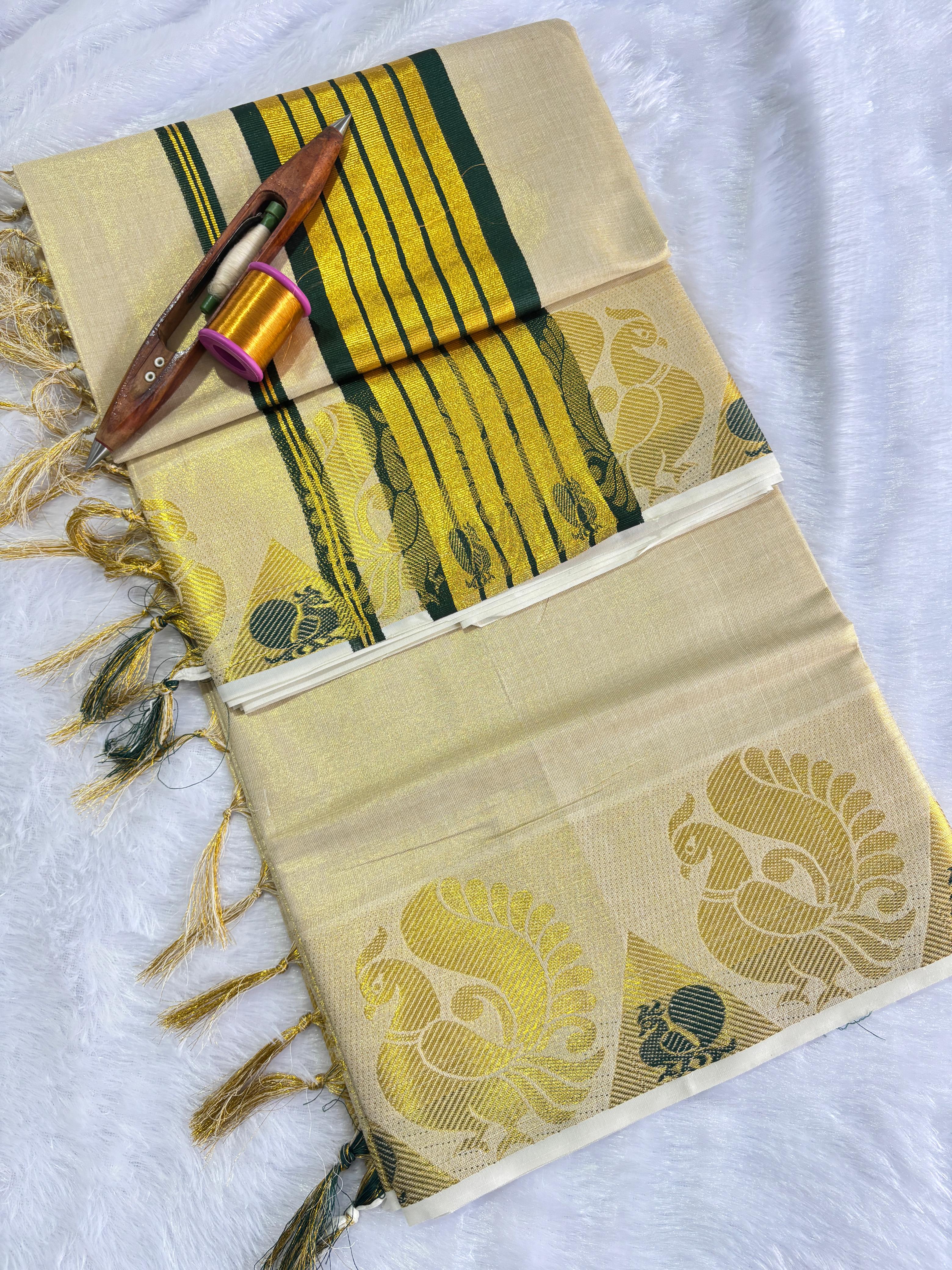 Peacock border golden tissue saree