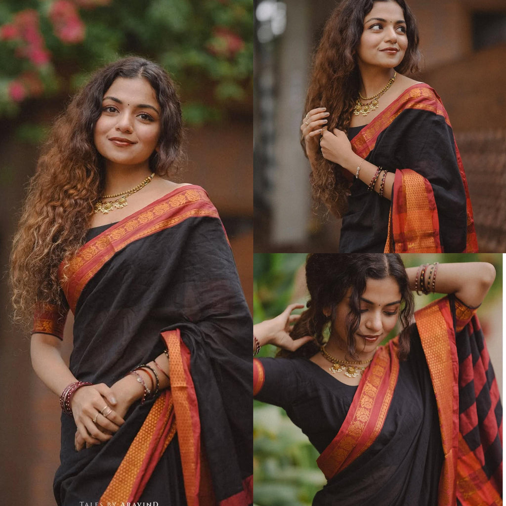 Hansika black peacock motif cotton saree