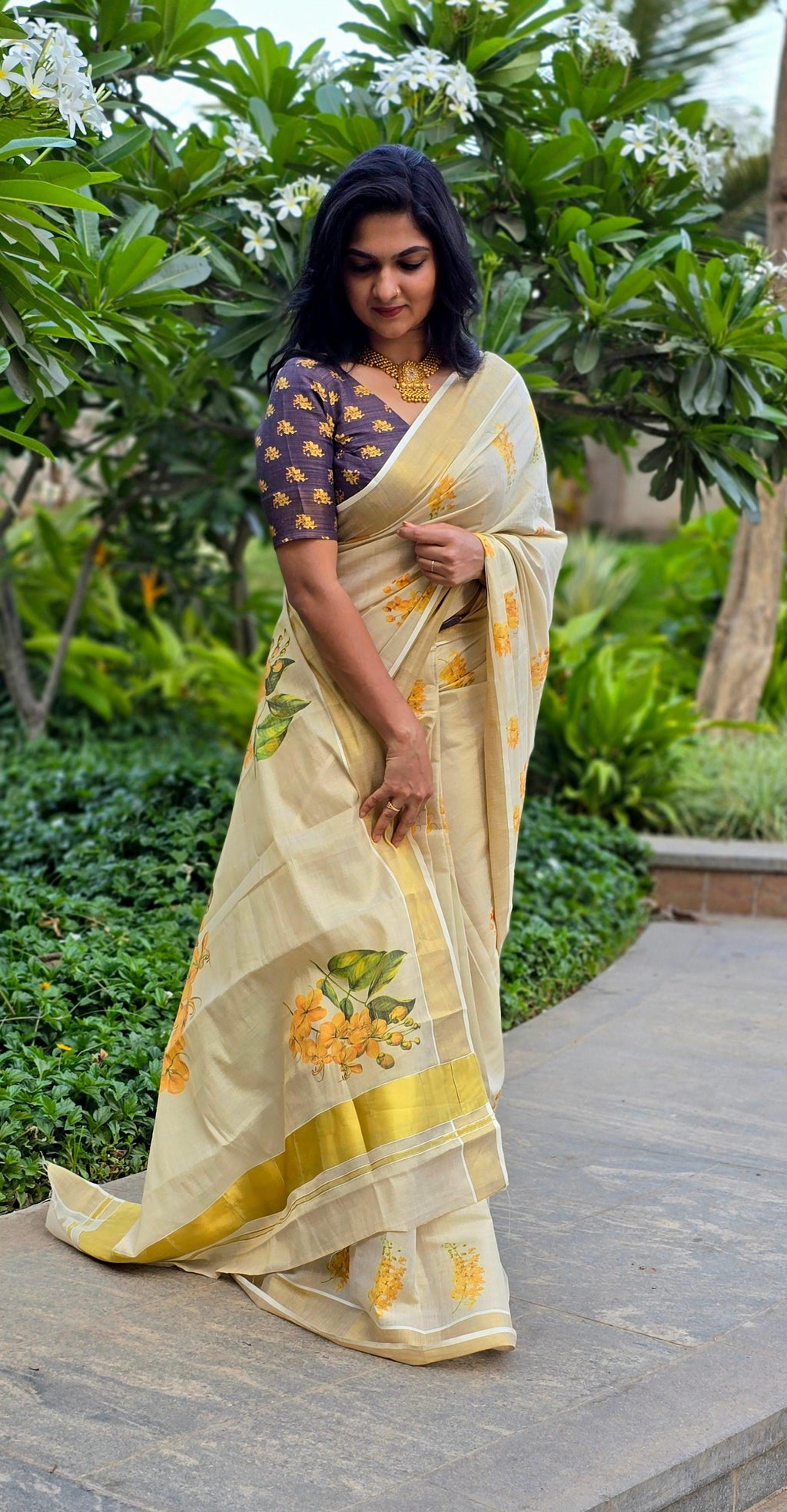 Digital flower print golden tissue saree
