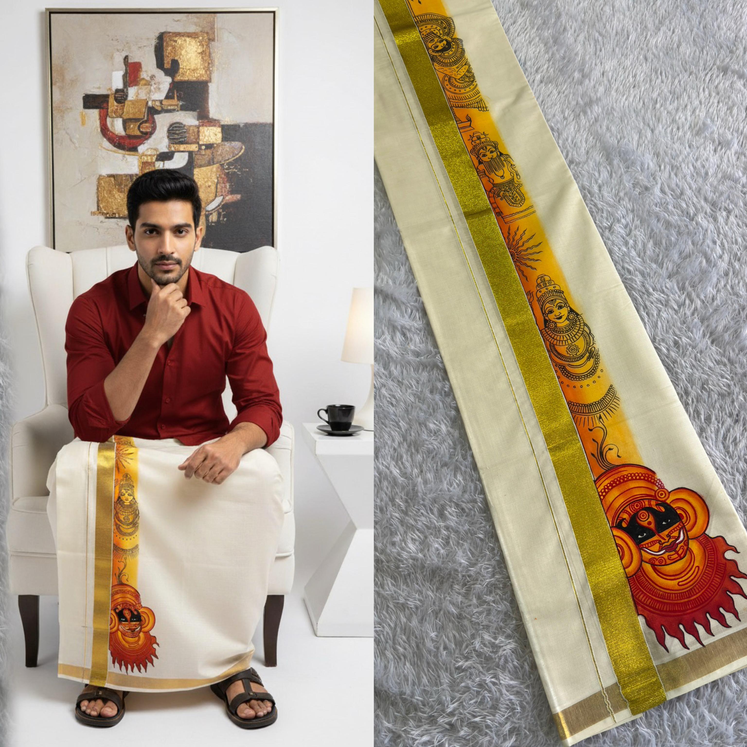 Handpainted Mens Off white Double Dhothi