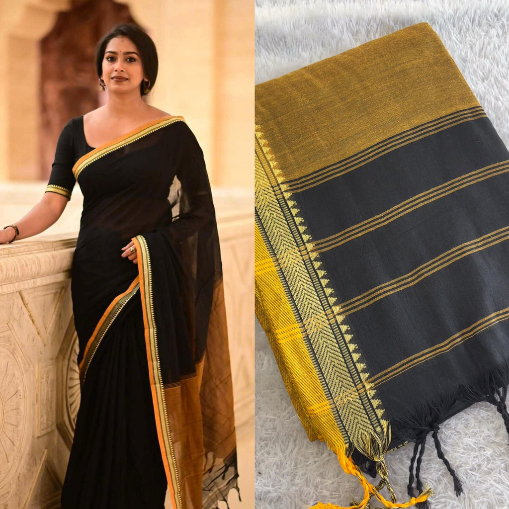 Black in Yellow Temple border Khadi cotton Saree