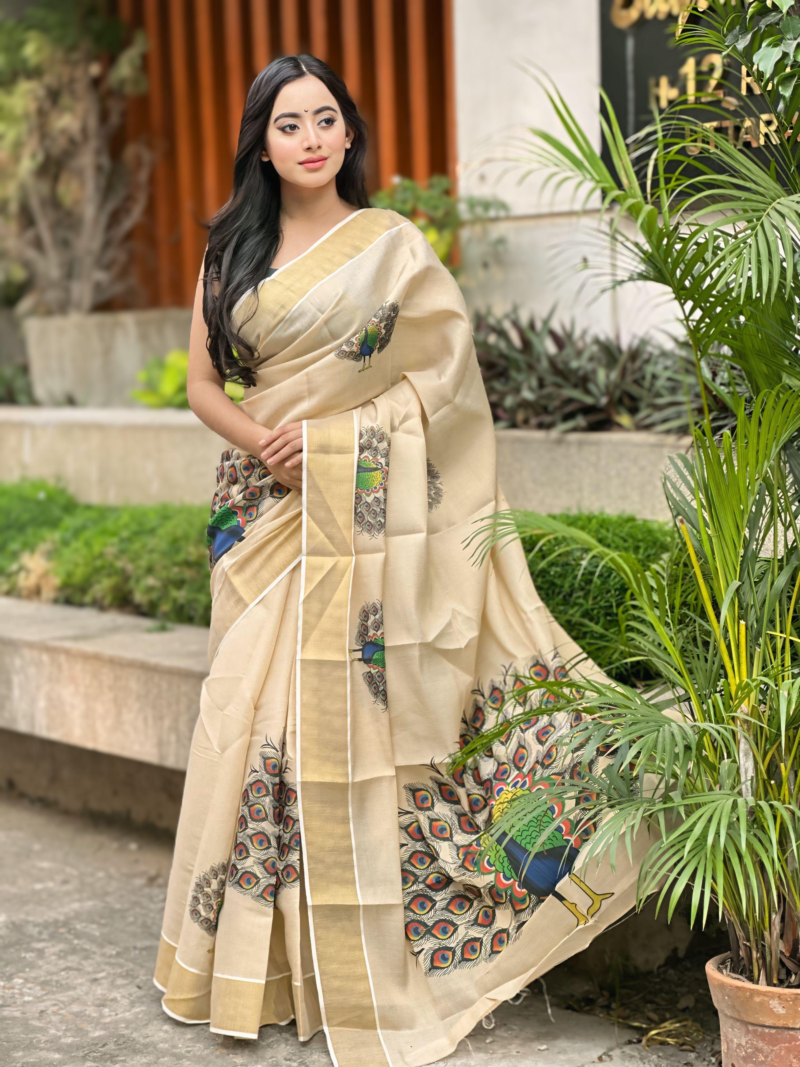 Golden tissue big peacock saree