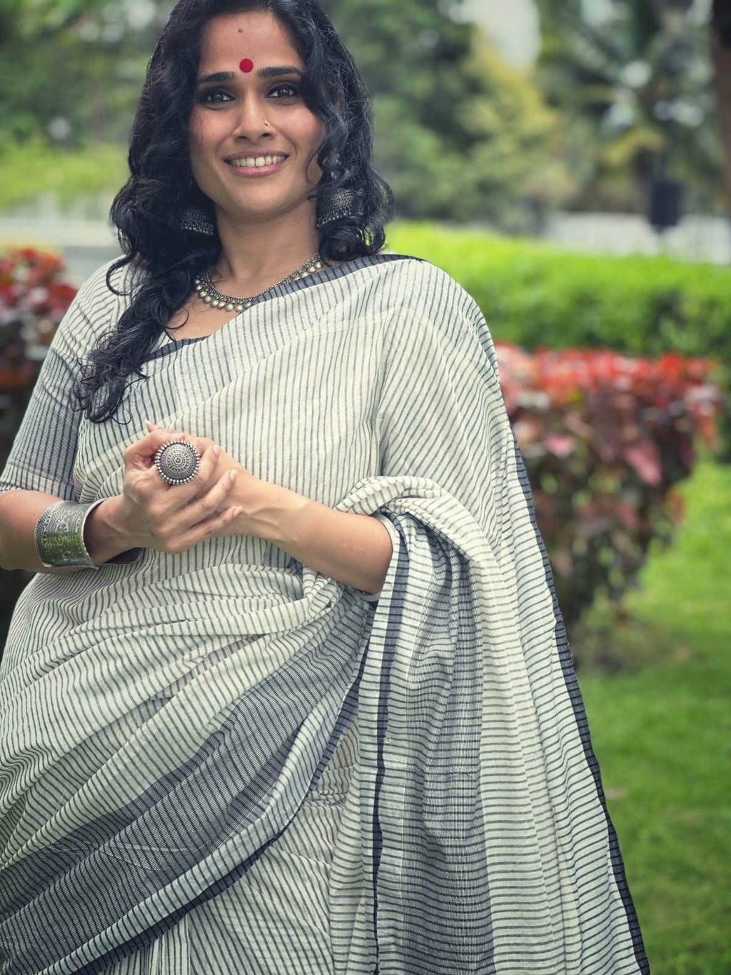 Black and silver lines saree