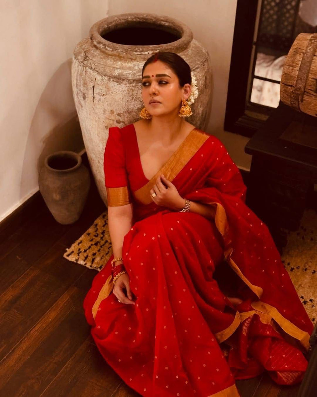 Nayanthara Red small polka saree