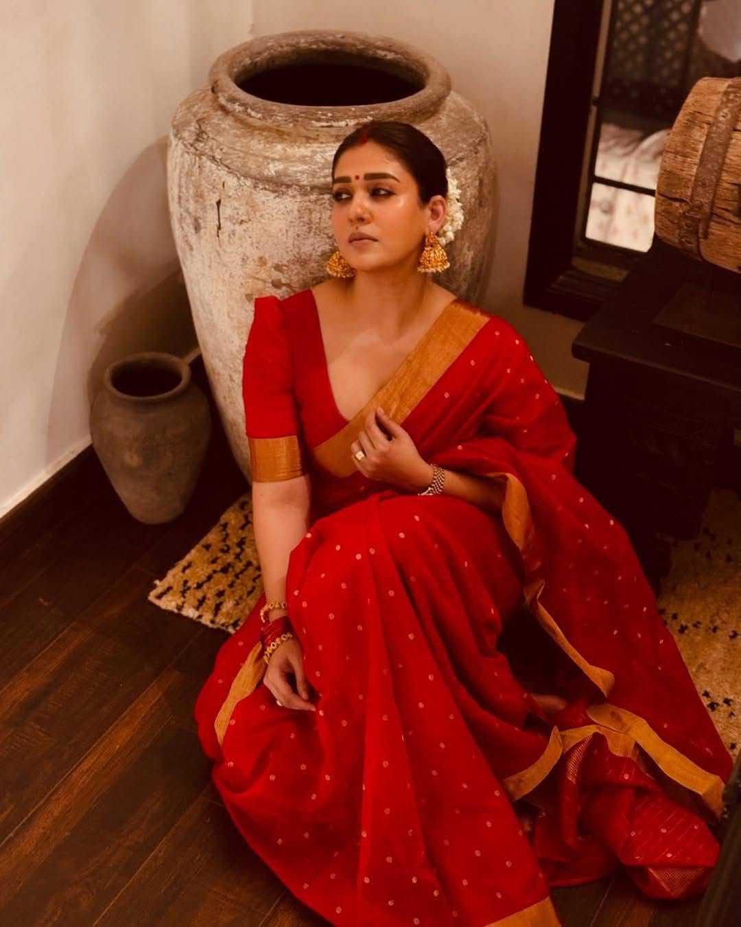 Nayanthara Red small polka saree