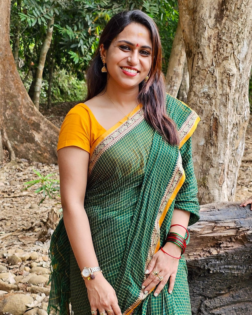 Chettinad 1000 checks elephant peacock mangoborder pure cotton sare