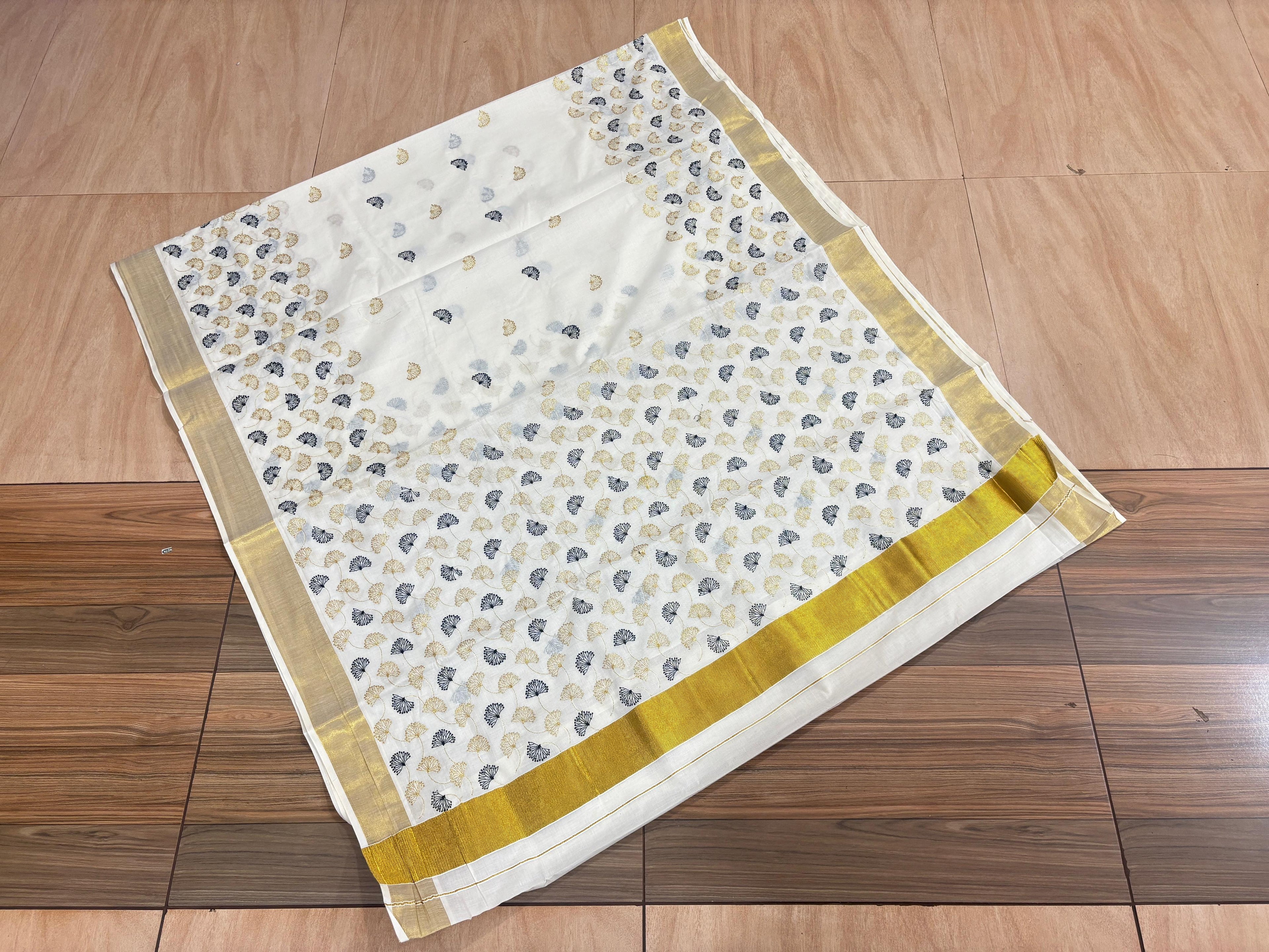 Mul flower gold and black cotton embroidered saree