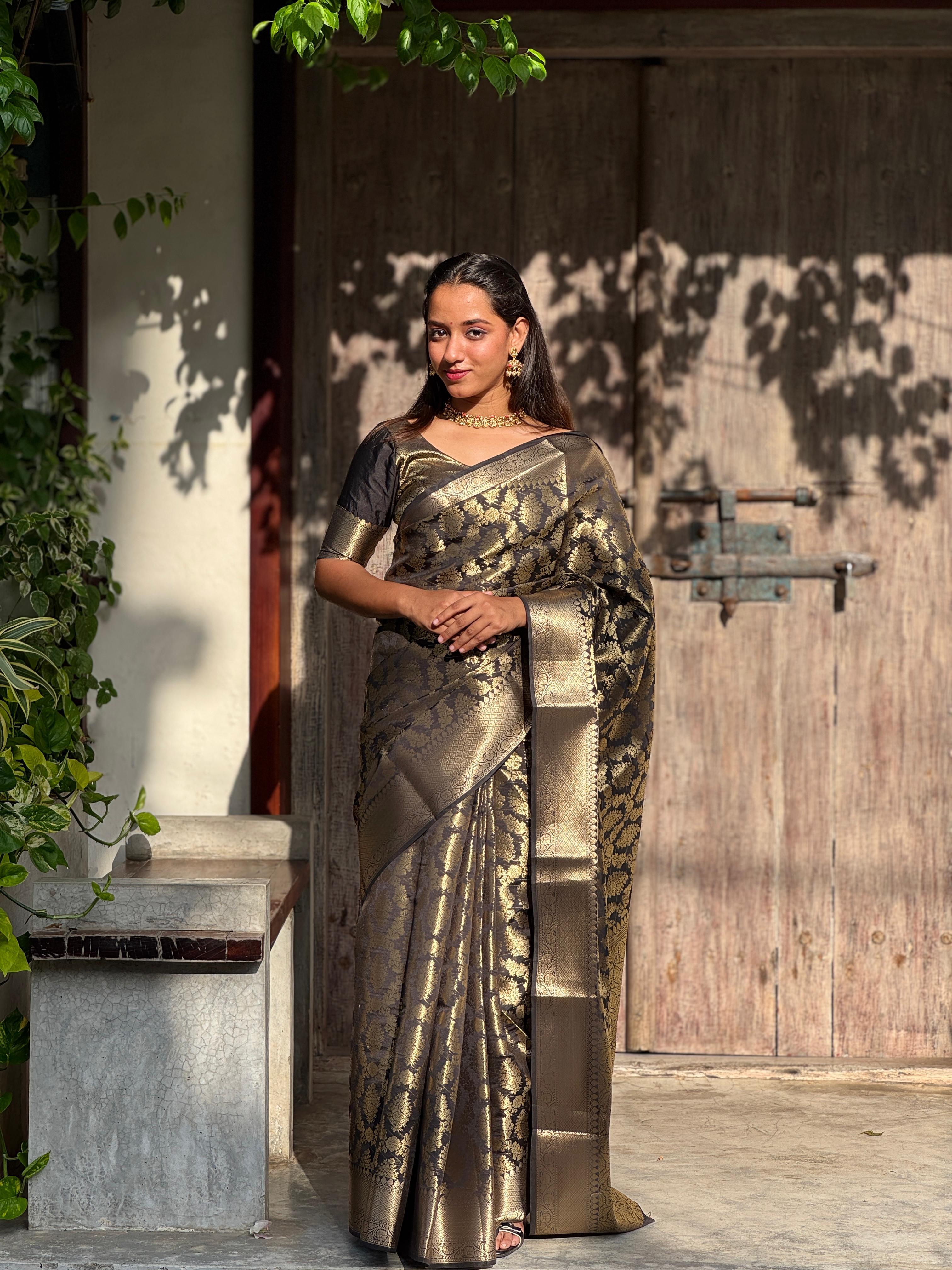 Black and gold full jacquard weave saree