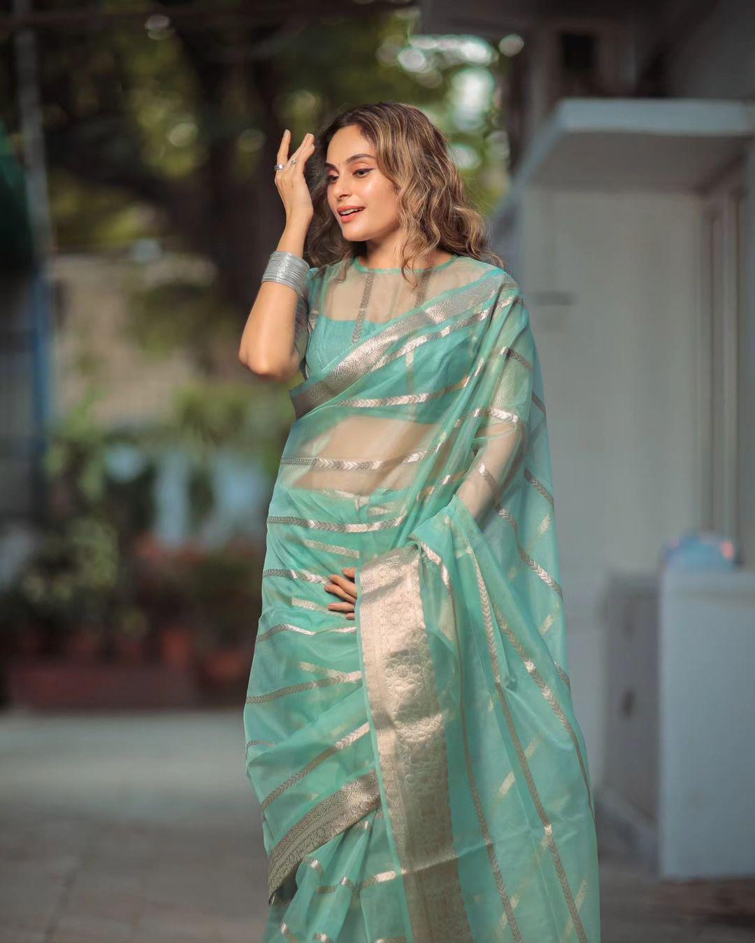 Teal organza saree