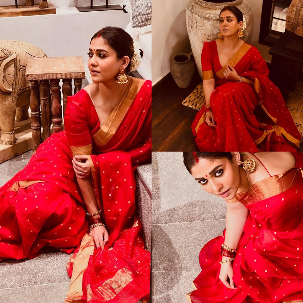 Nayanthara Red small polka saree