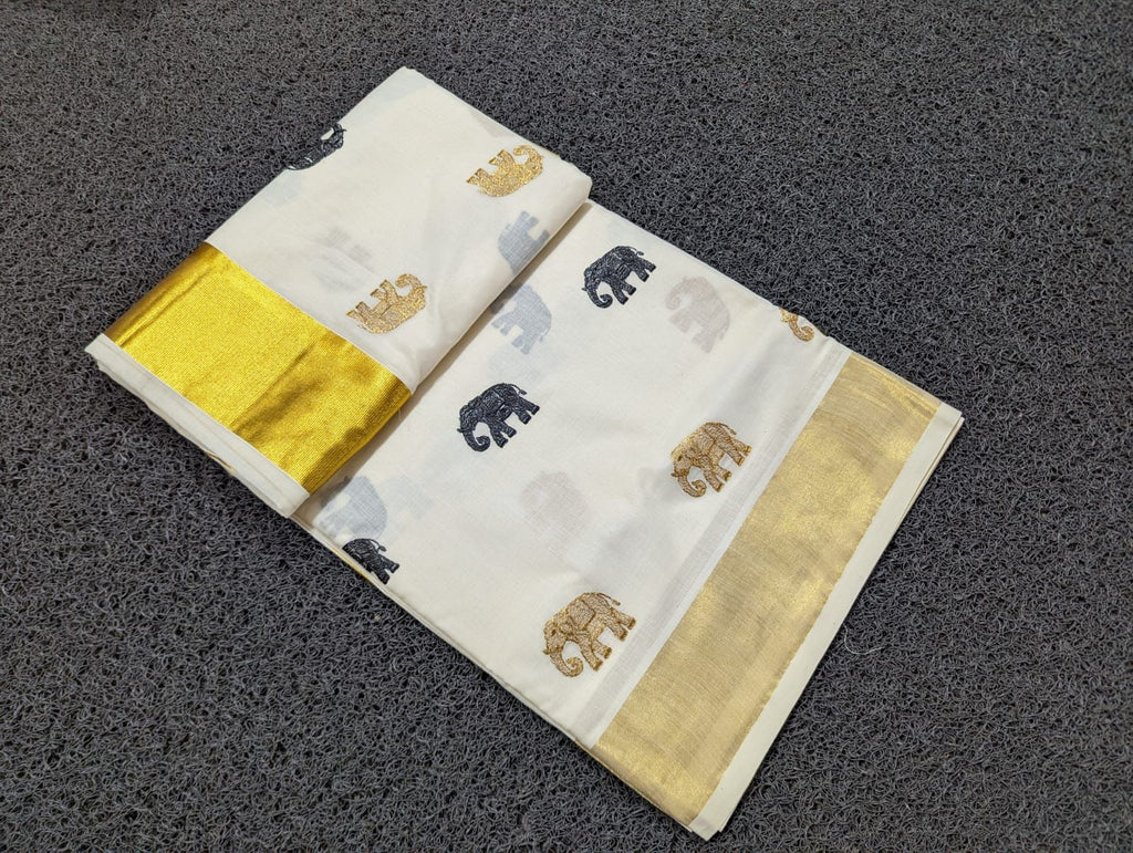 Elephant embroidery golden Jari cotton saree