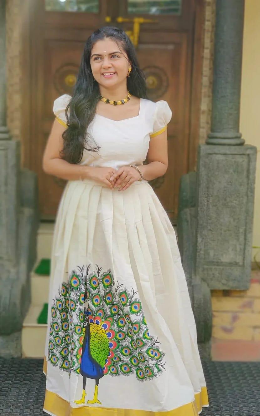 Peacock cotton printed Pattu Pavada unstitched