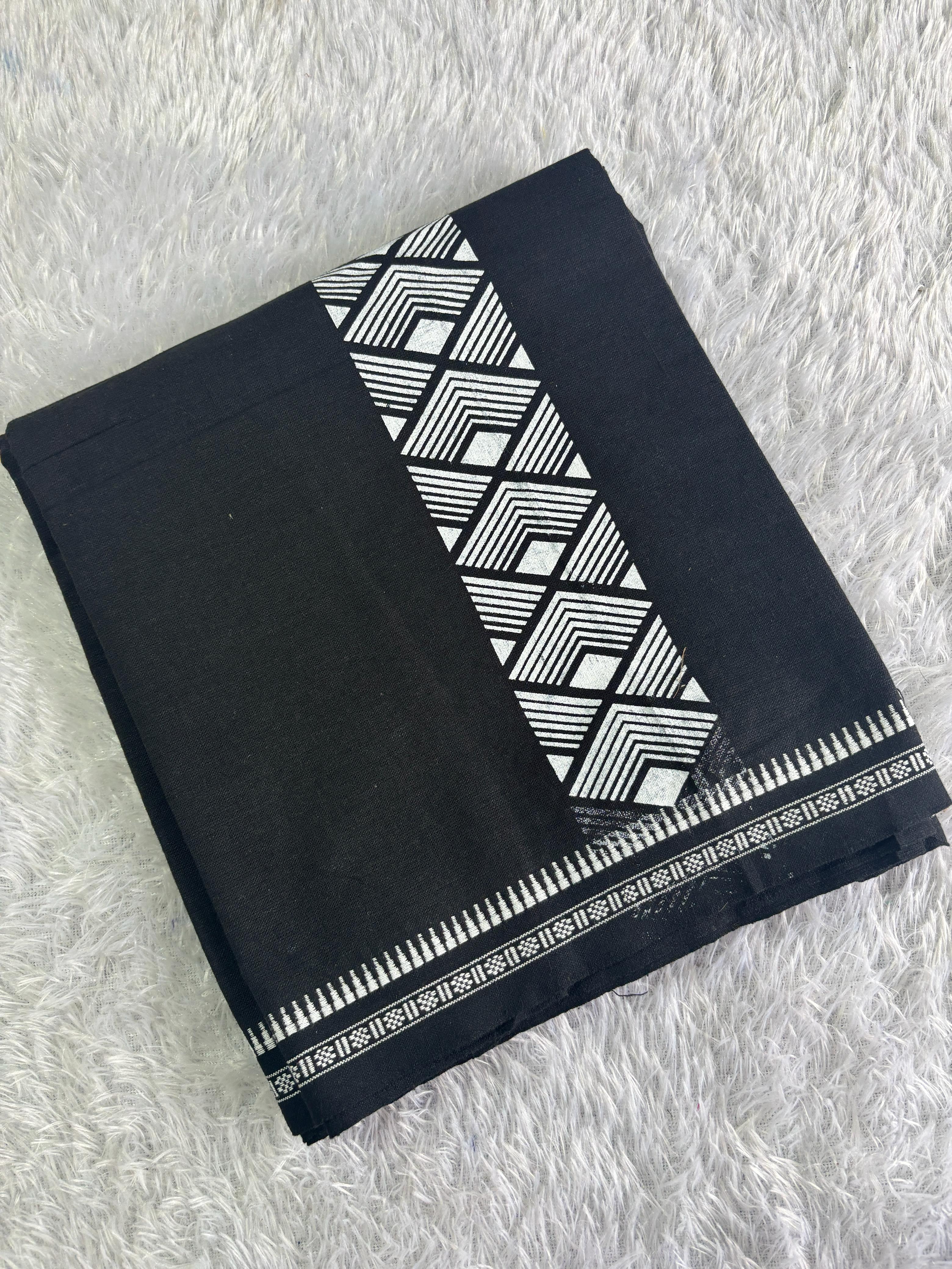 Black single dhothi with white print