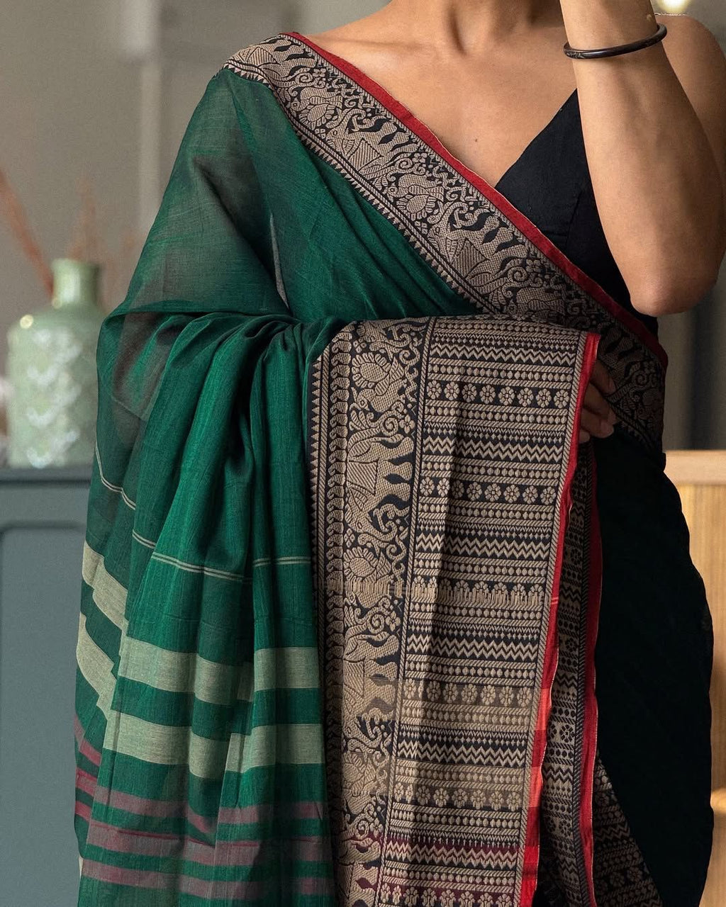 Big border bottle green cotton saree