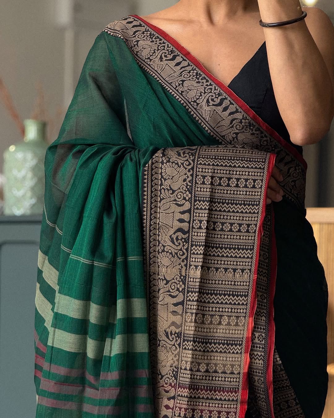 Big border bottle green cotton saree