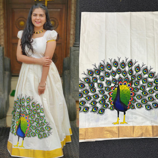 Peacock cotton printed Pattu Pavada unstitched