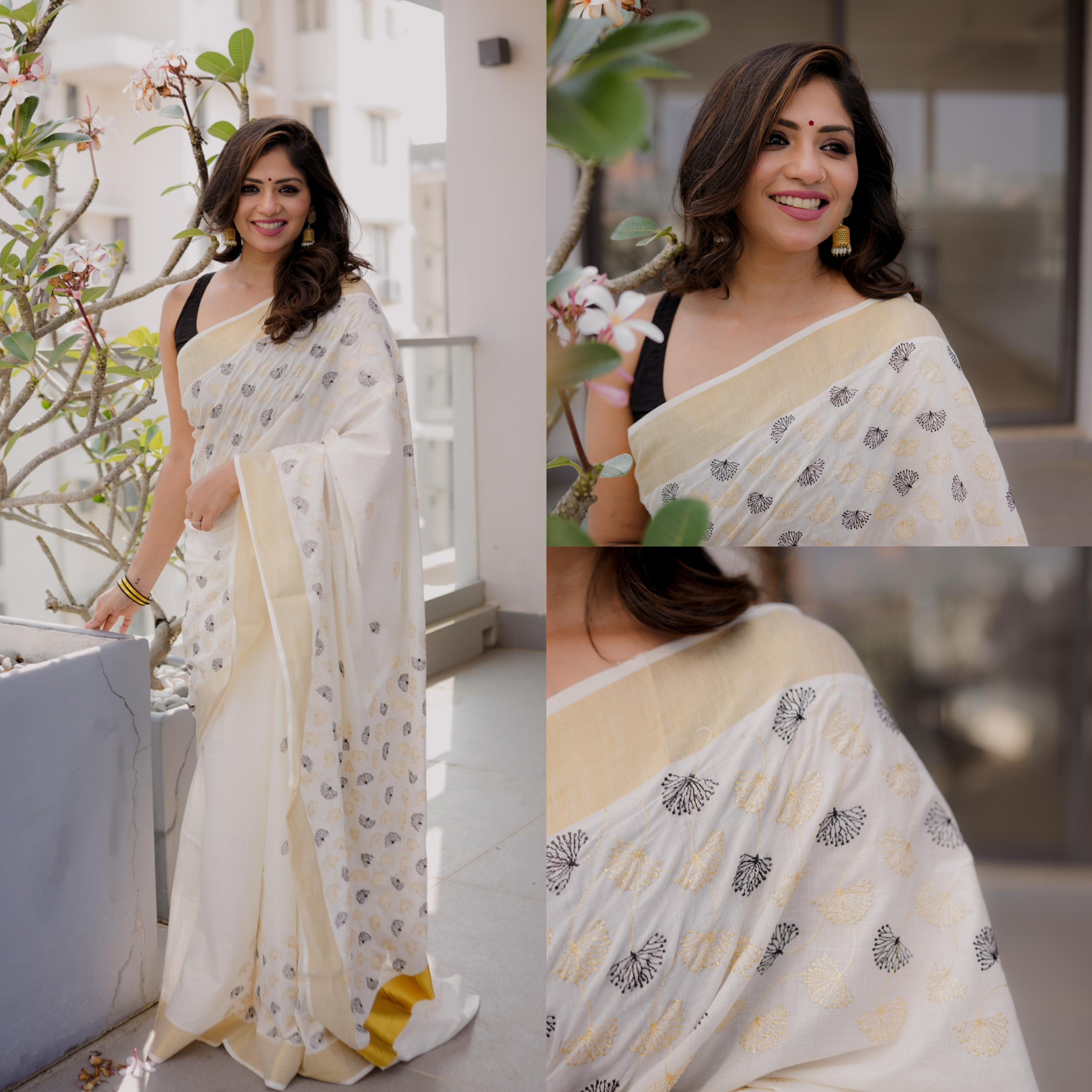 Mul flower gold and black cotton embroidered saree