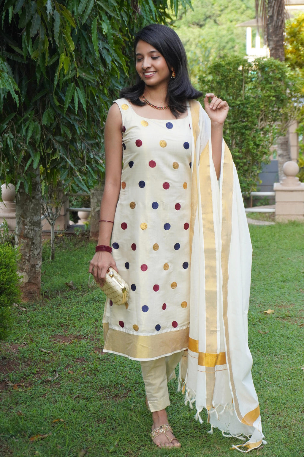 Golden tissue polka Churidaar unstitched full set