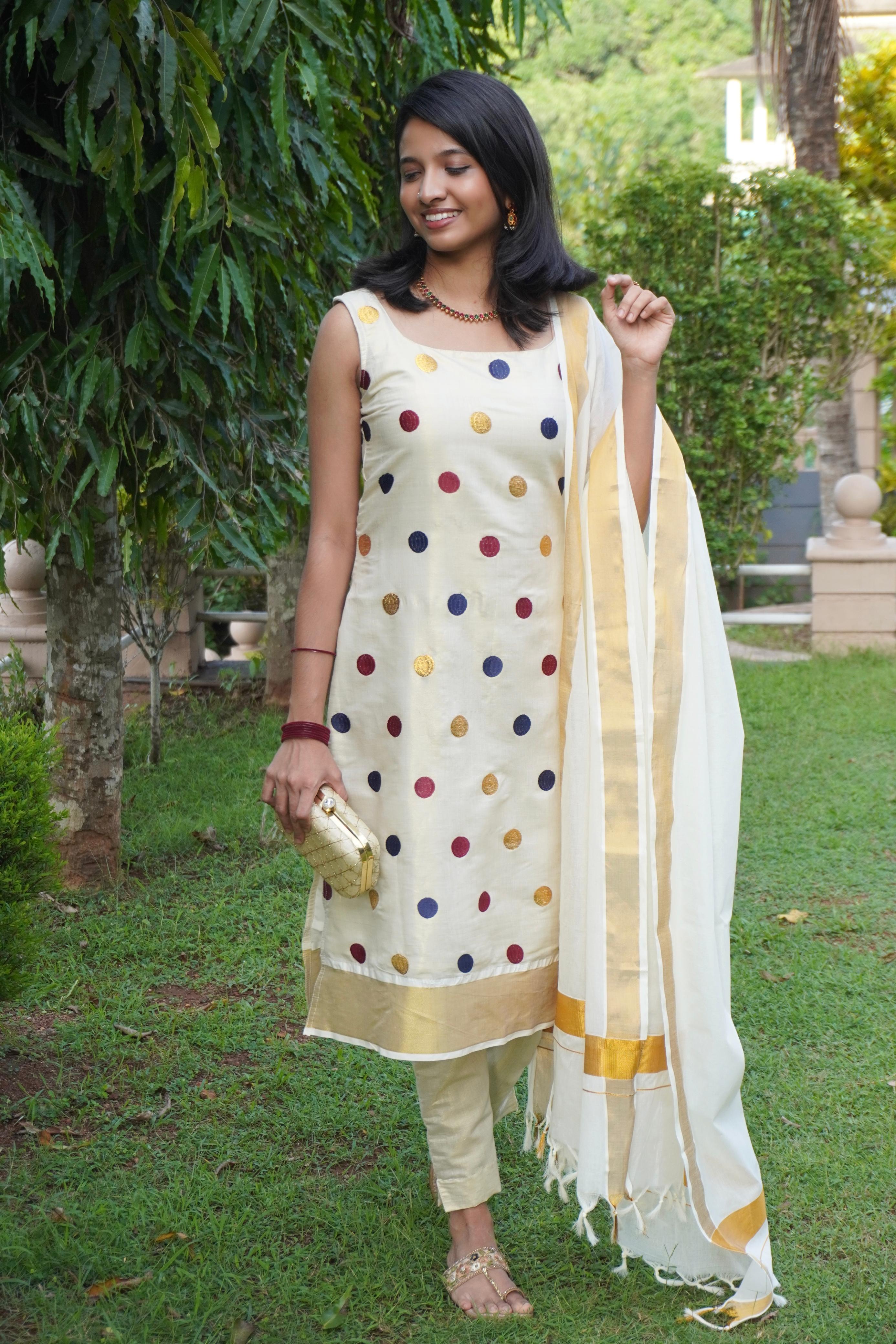 Golden tissue polka Churidaar unstitched full set