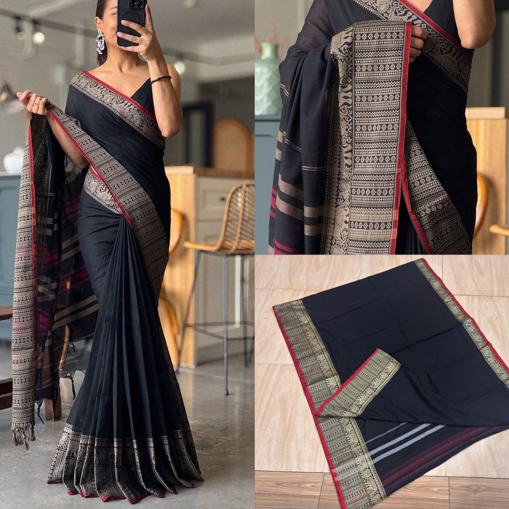 Big border black cotton saree