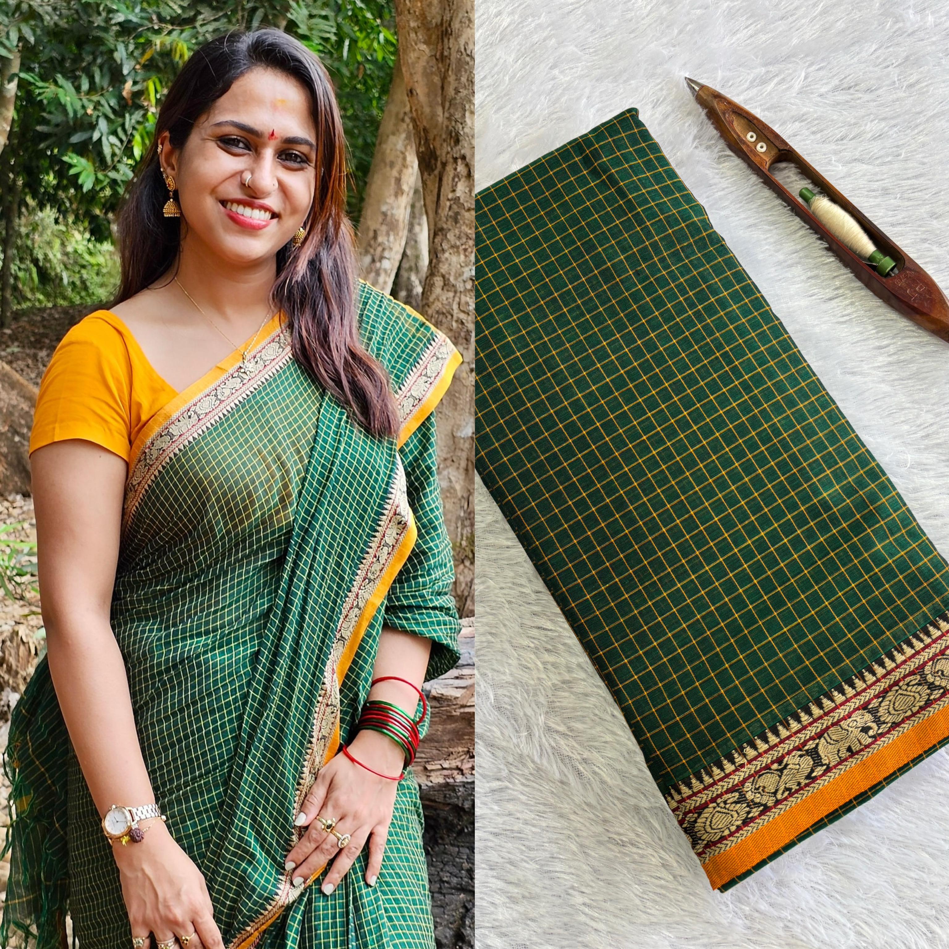 Chettinad 1000 checks elephant peacock mangoborder pure cotton sare