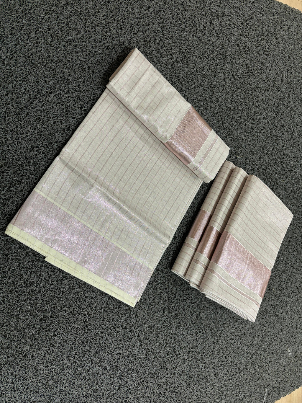 Ready to wear rose gold tissue checked saree