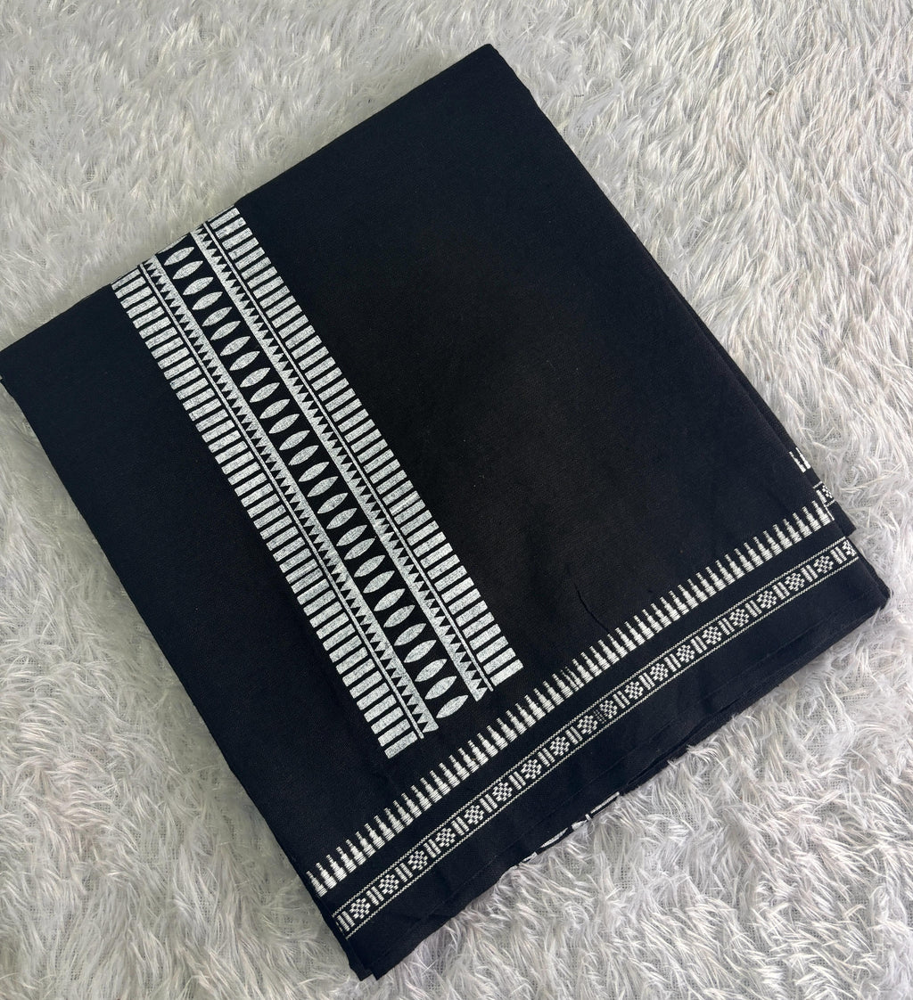 Black single dhothi with white print