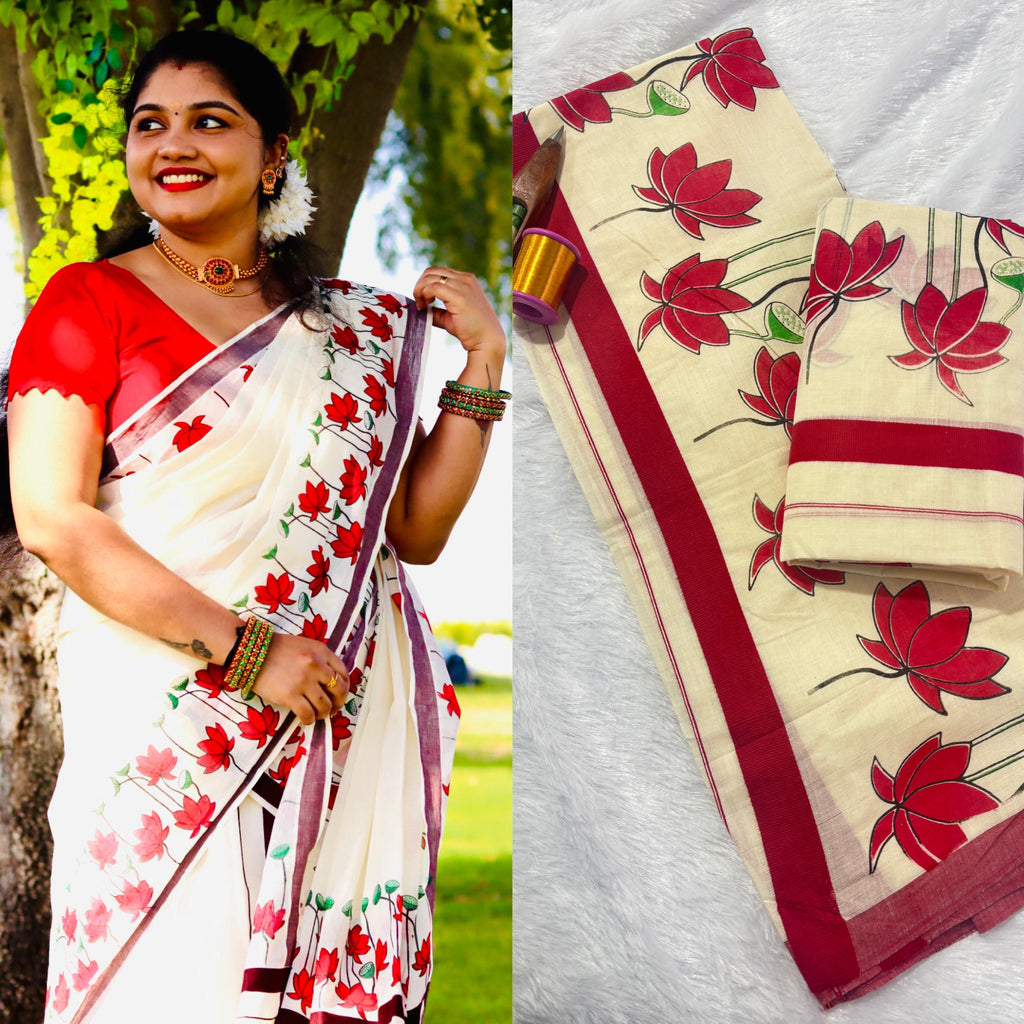 Lotus printed kattikara set mundu 2.80