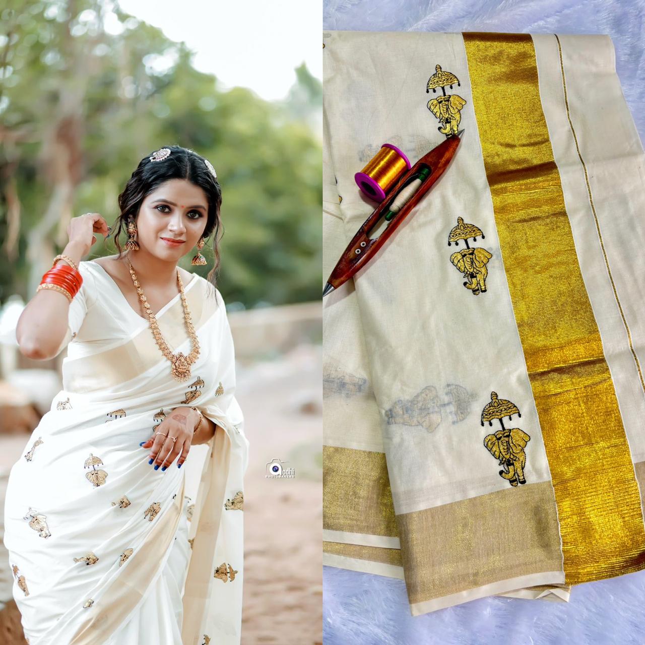 Elephant with umbrella embroidered cotton saree
