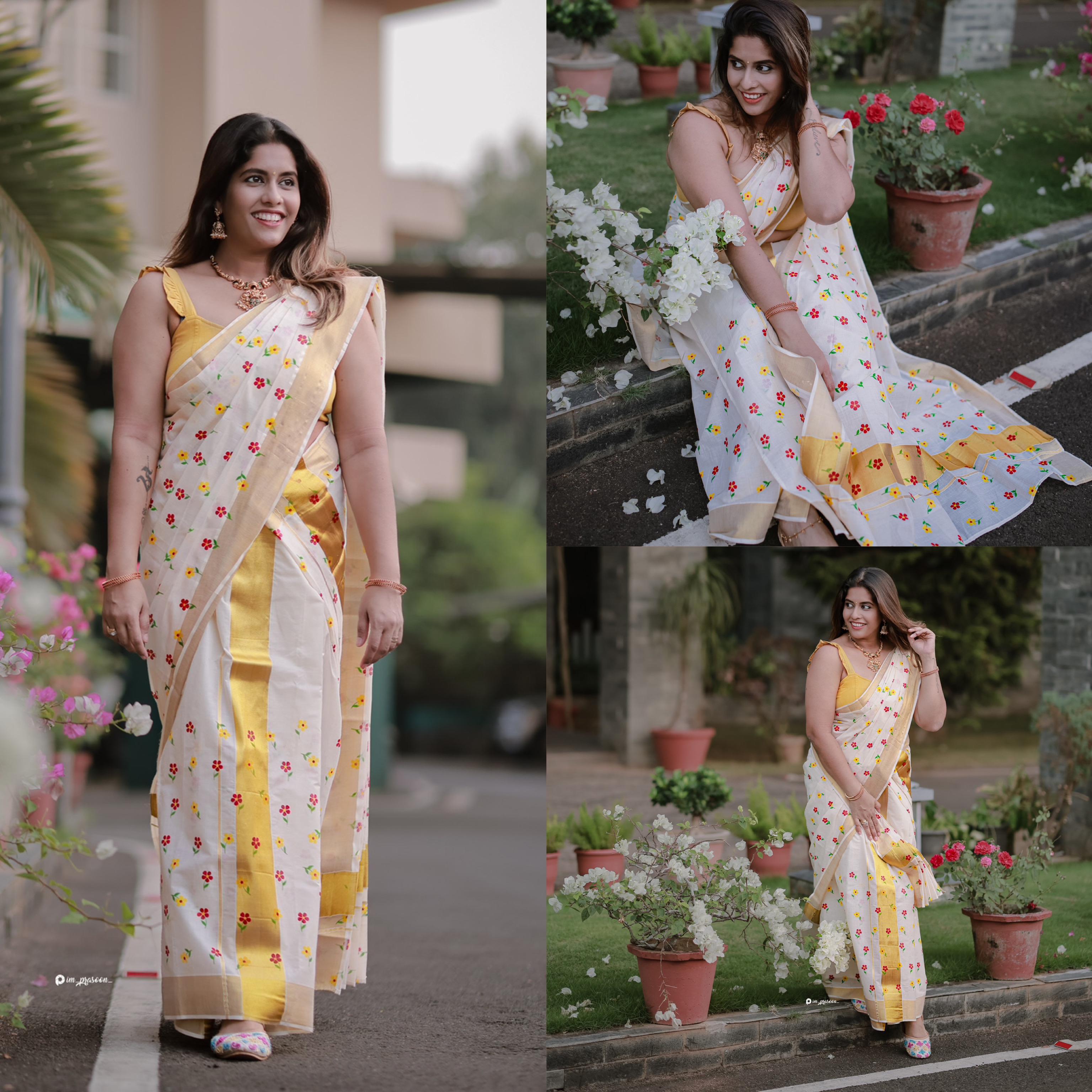 Micro flower golden kasavu cotton set mundu