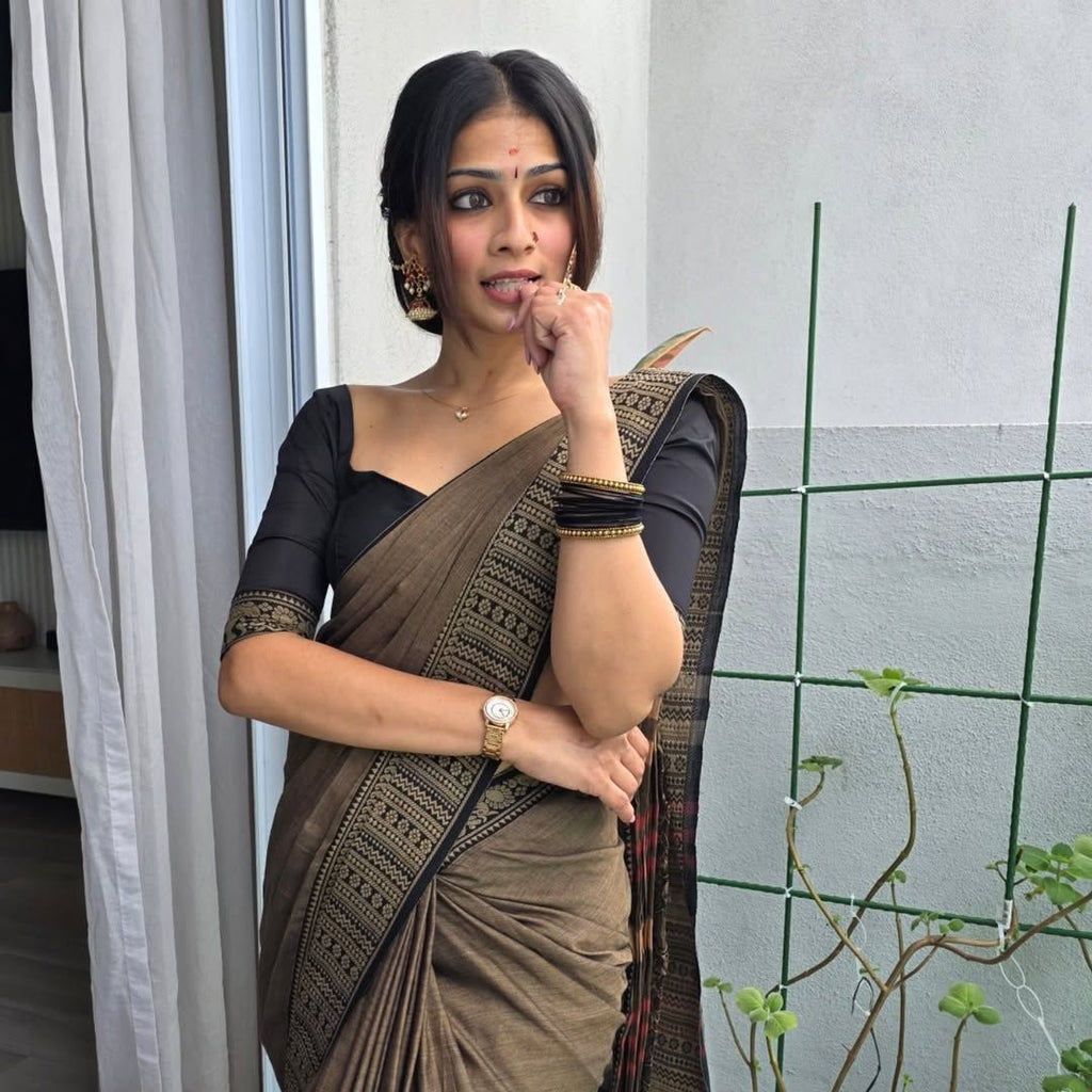 Big border rust cotton saree