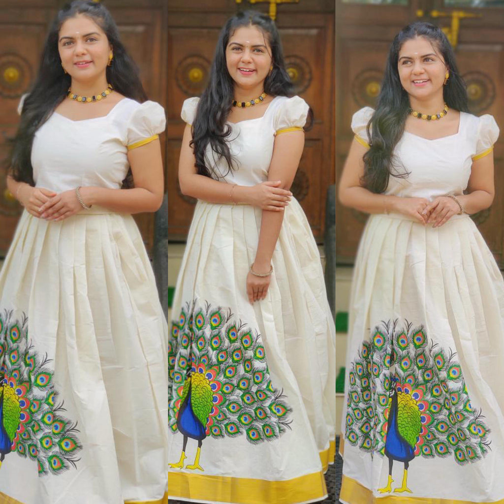 Peacock cotton printed Pattu Pavada unstitched