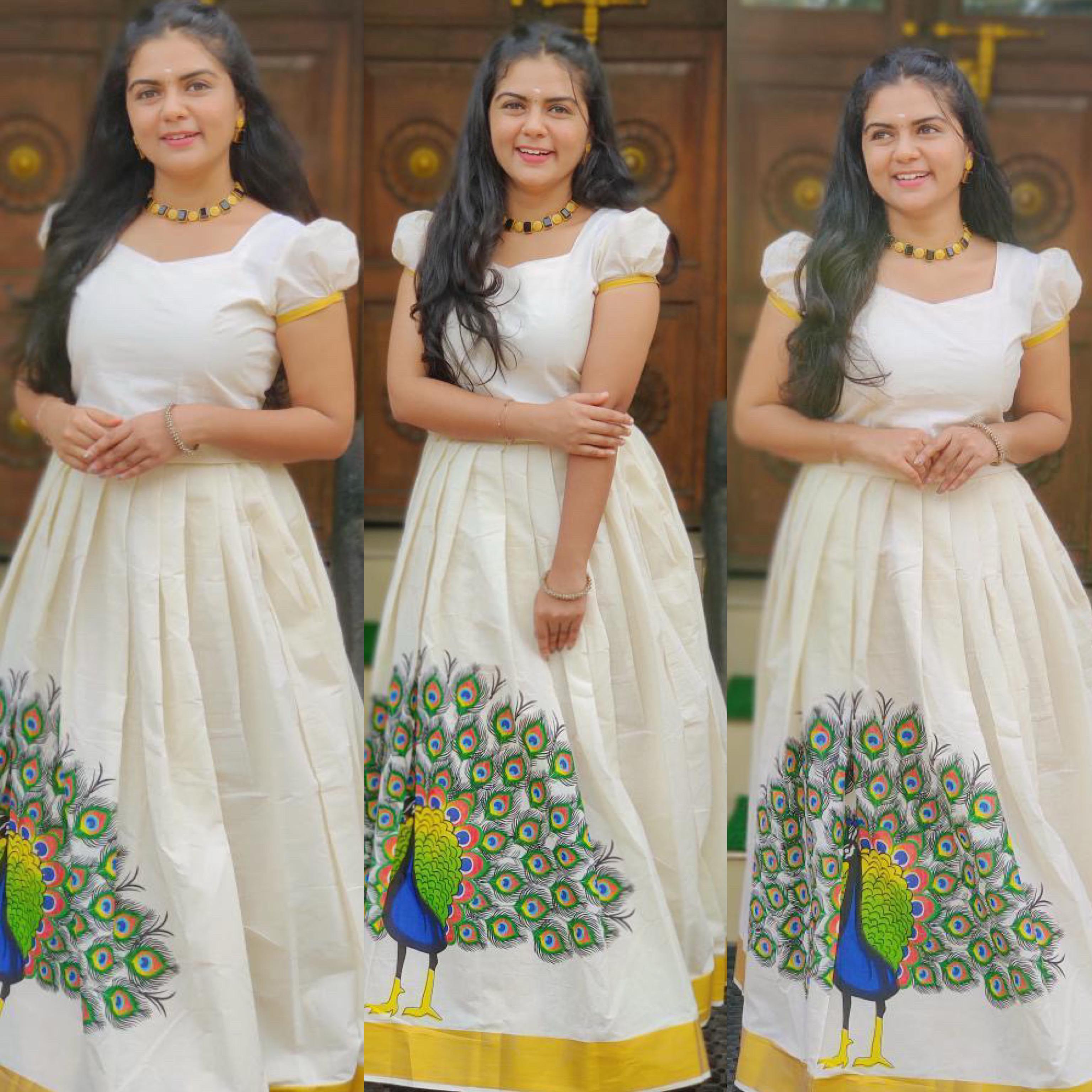 Peacock cotton printed Pattu Pavada unstitched