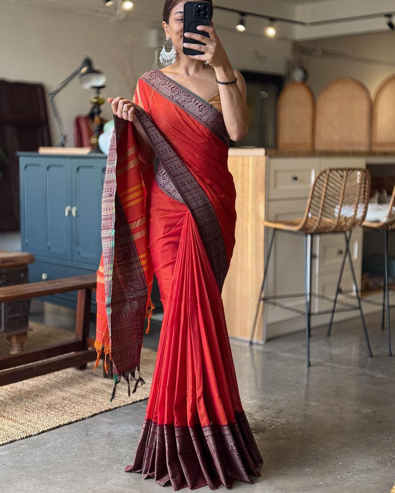 Big border tomato red cotton saree