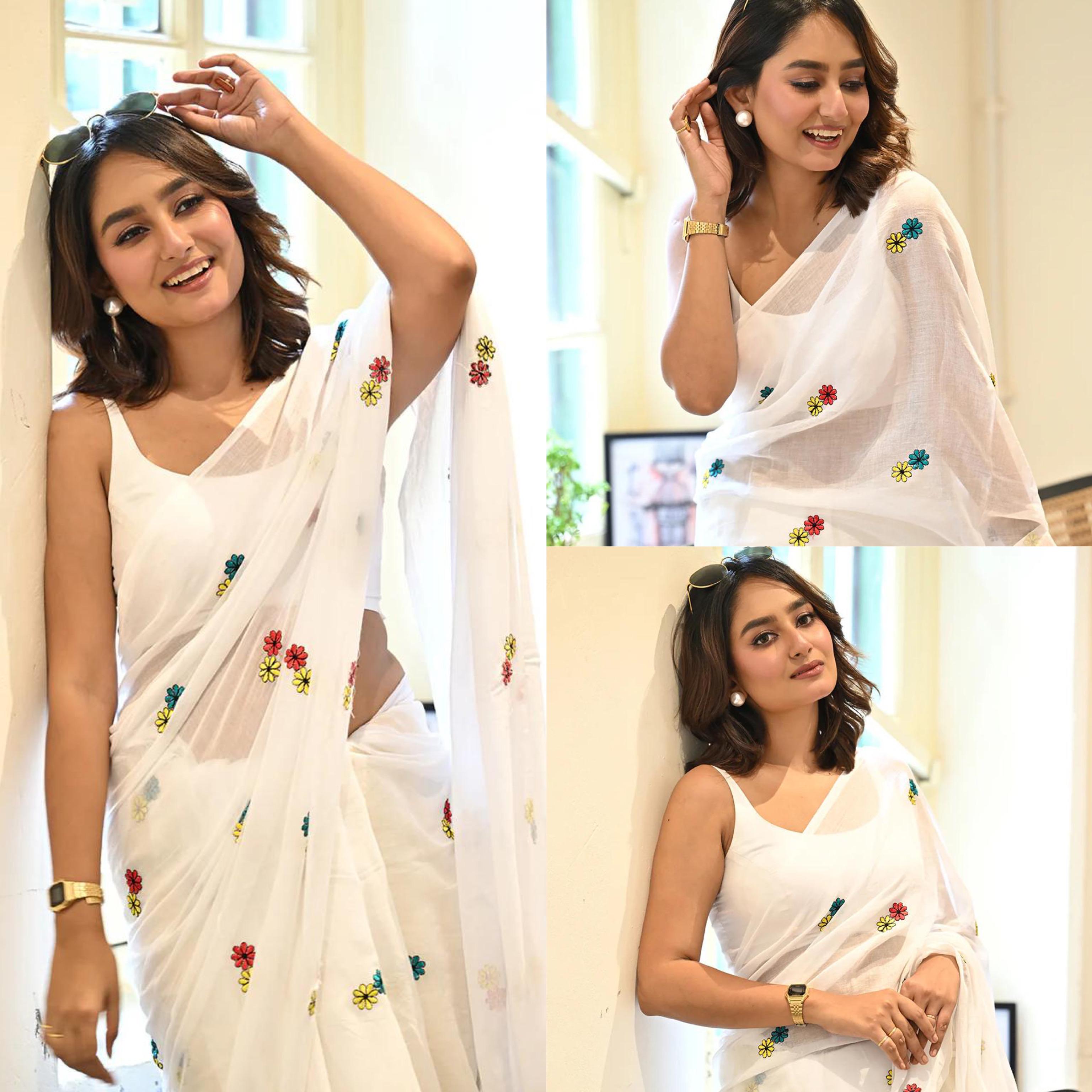 80s Mul cotton flower embroidered