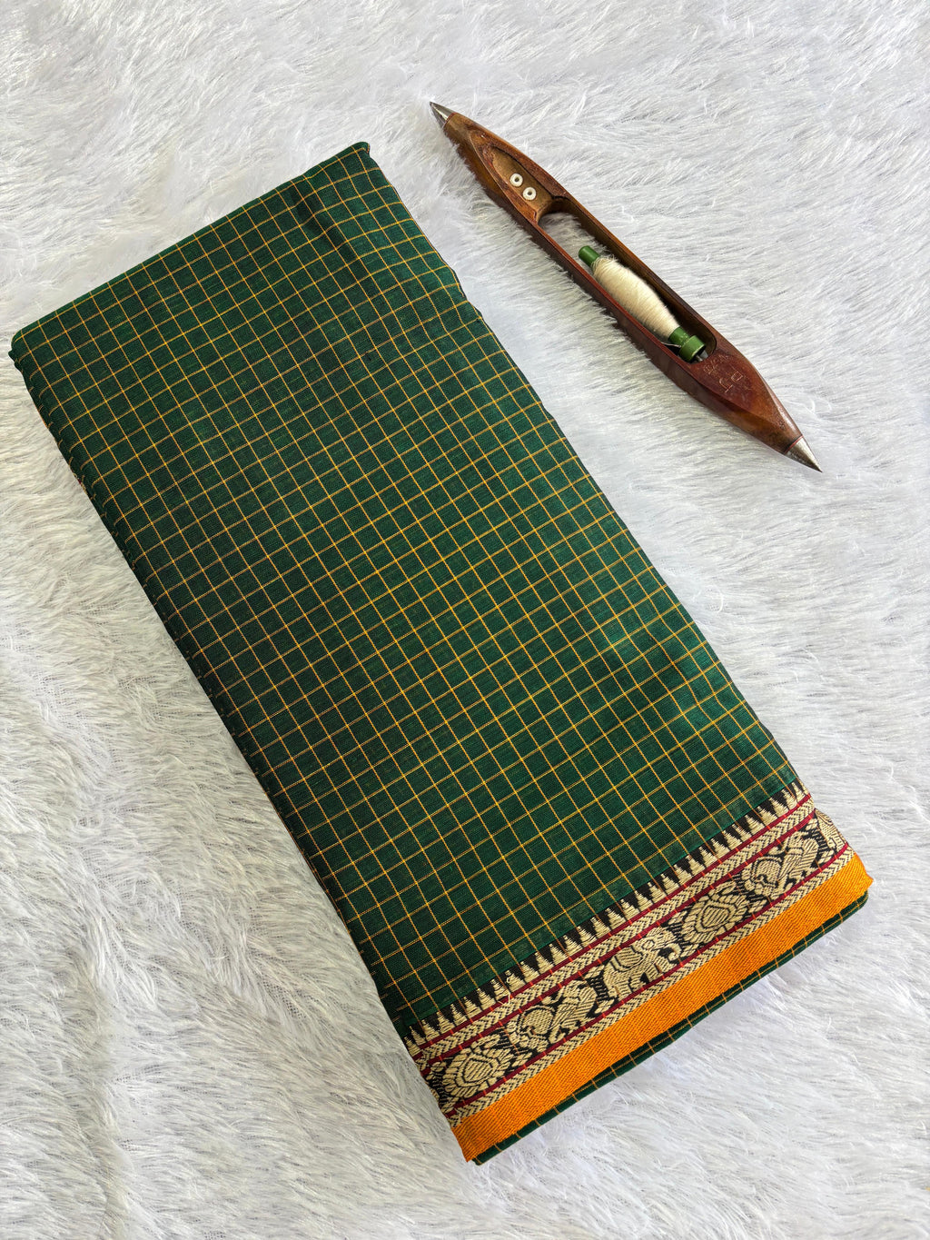 Chettinad 1000 checks elephant peacock mangoborder pure cotton sare